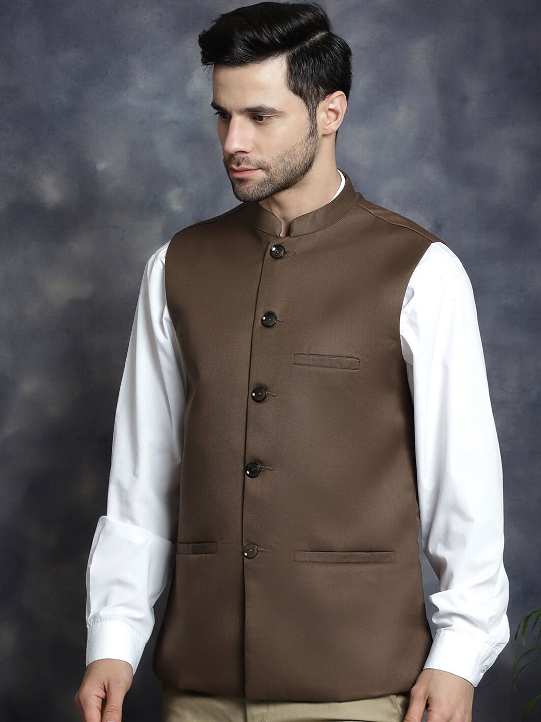 Anouk Brown Mandarin Collar Woven Nehru Jacket Myntra sale