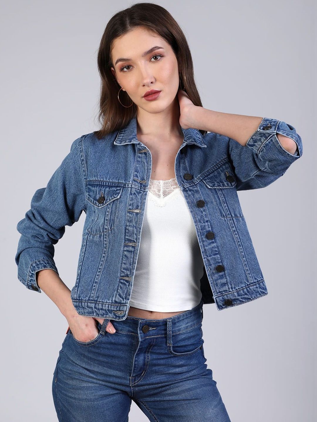 Urbano Fashion Women Light Blue Regular Fit Washed Full Sleeve Denim Jacket Myntra sale