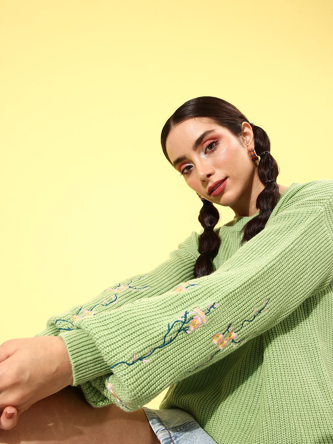 DressBerry Round Neck Pullover With Floral Embroidered Detail On Sleeves Myntra sale