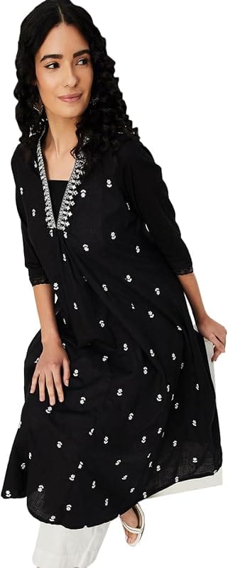 Myra Black A-Line Embroidered Kurta