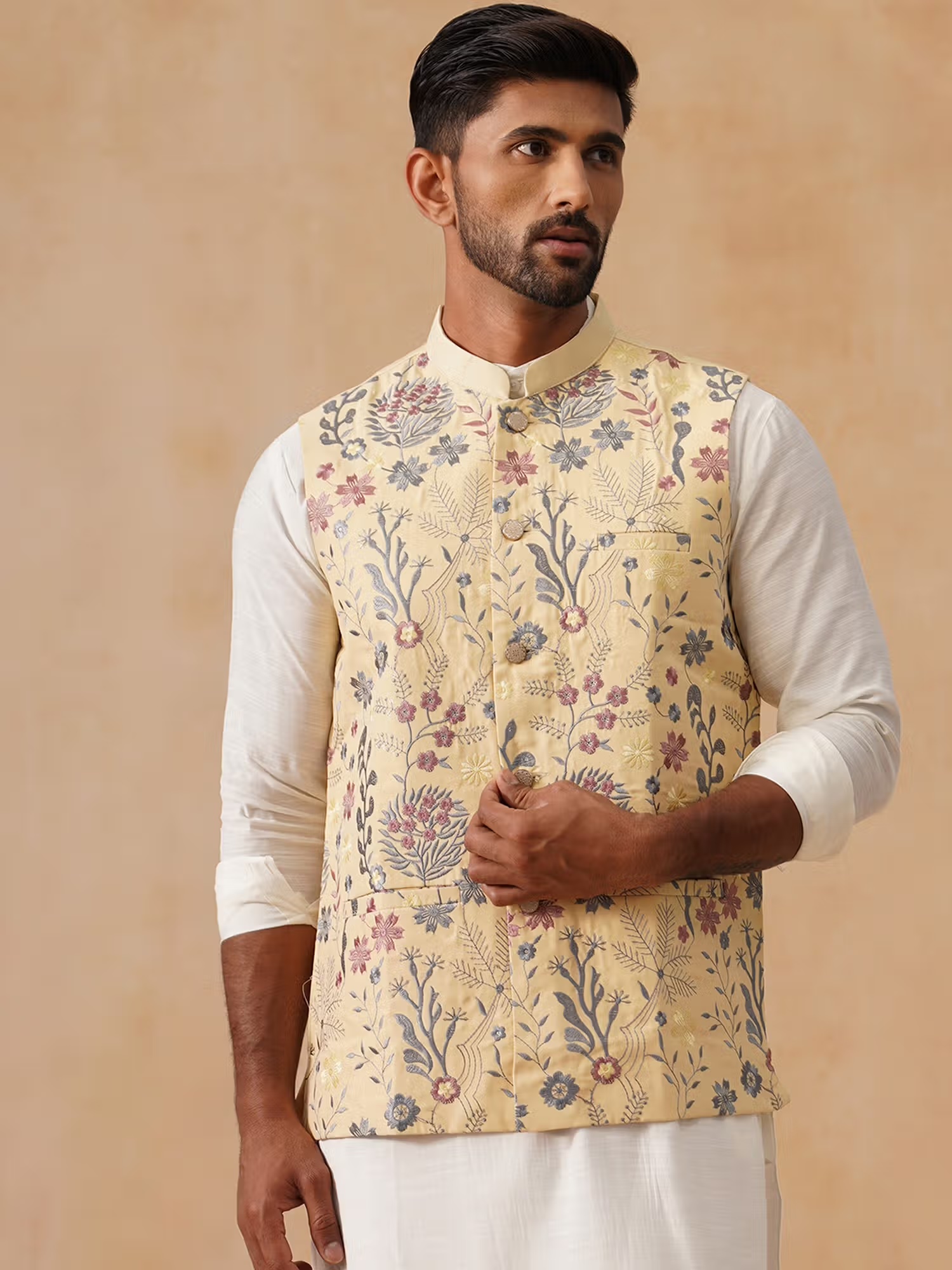 Jompers Floral Embroidered Silk Blend Yellow Nehru Jacket Nykaa Fashion sale