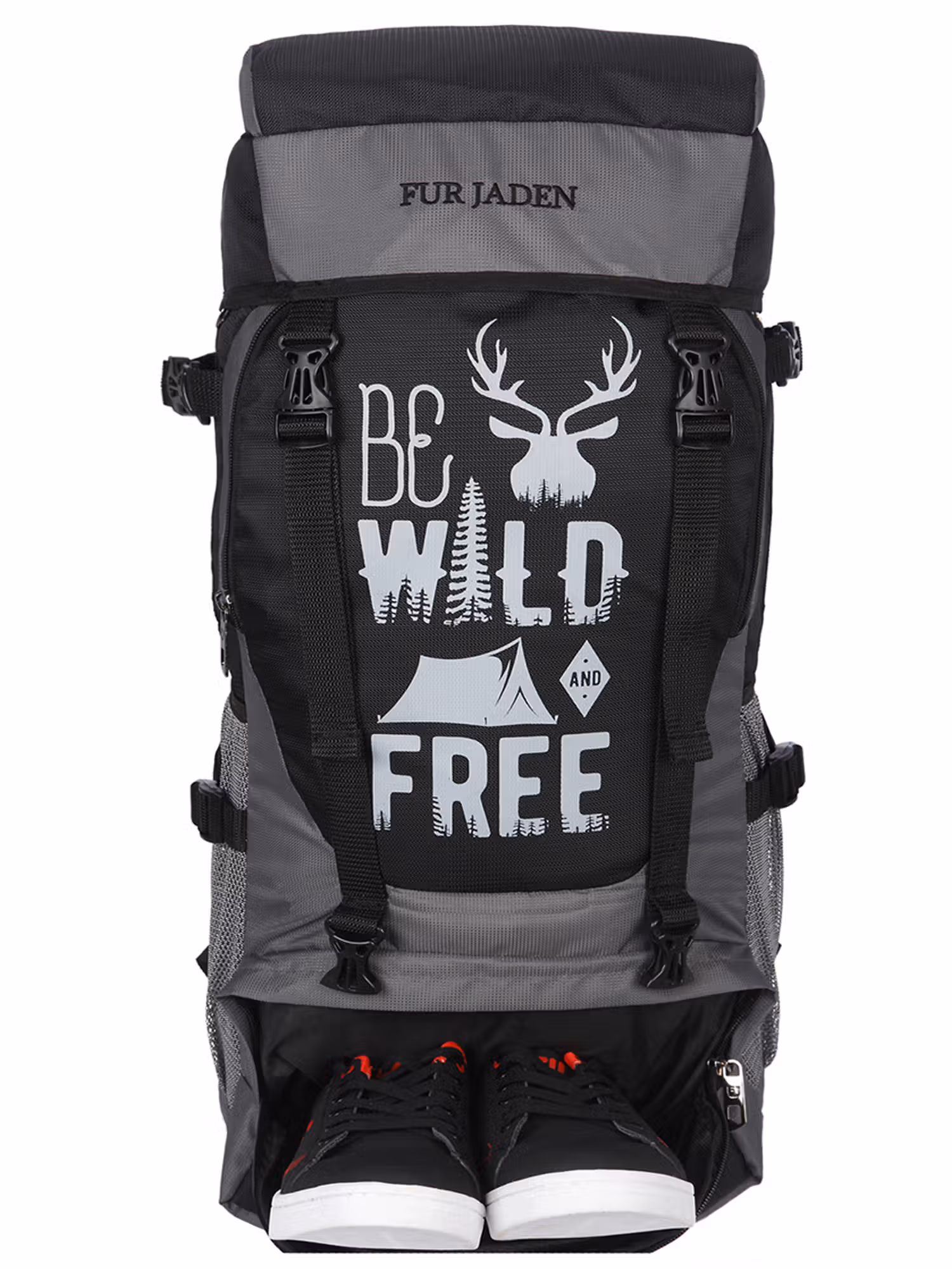 FUR JADEN Black Grey 55 LTR Rucksack Travel Backpack Bag For Trekking, Hiking with Shoe Comp Nykaa Fashion sale