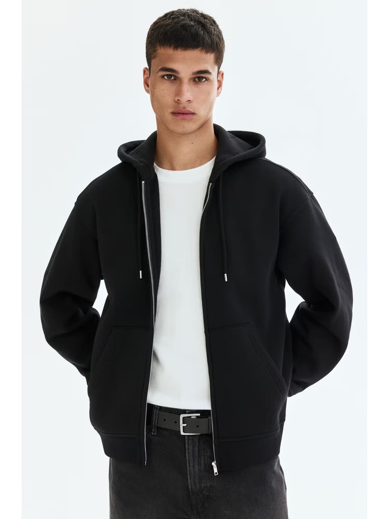 H&M Men Black Loose-Fit Zip-Through Hoodie Nykaa Fashion sale