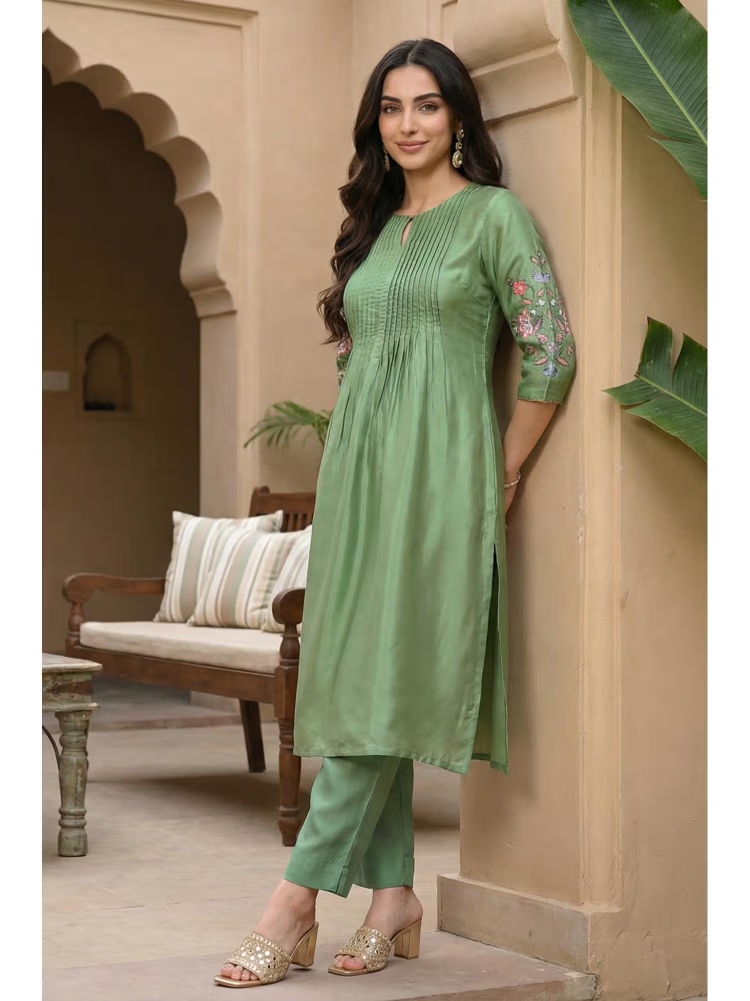 W Green Solid Floral Embroidered Shantung Straight Kurta with Pintuck Nykaa Fashion sale