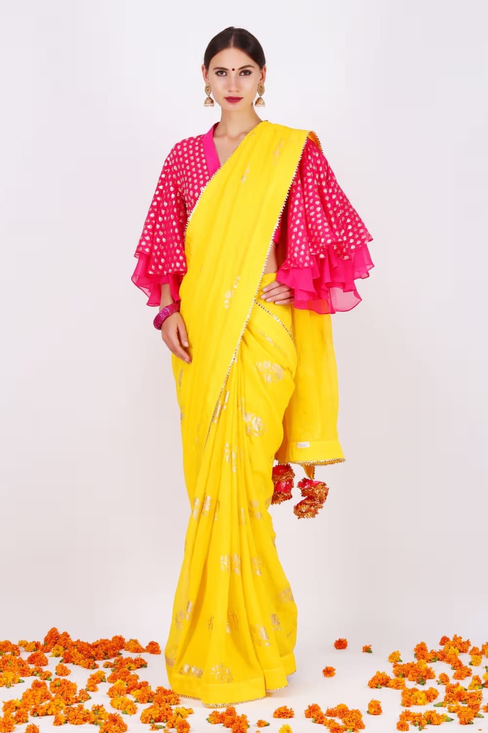 Nikasha Yellow Rani Saree (Set of 2) Nykaa Fashion sale