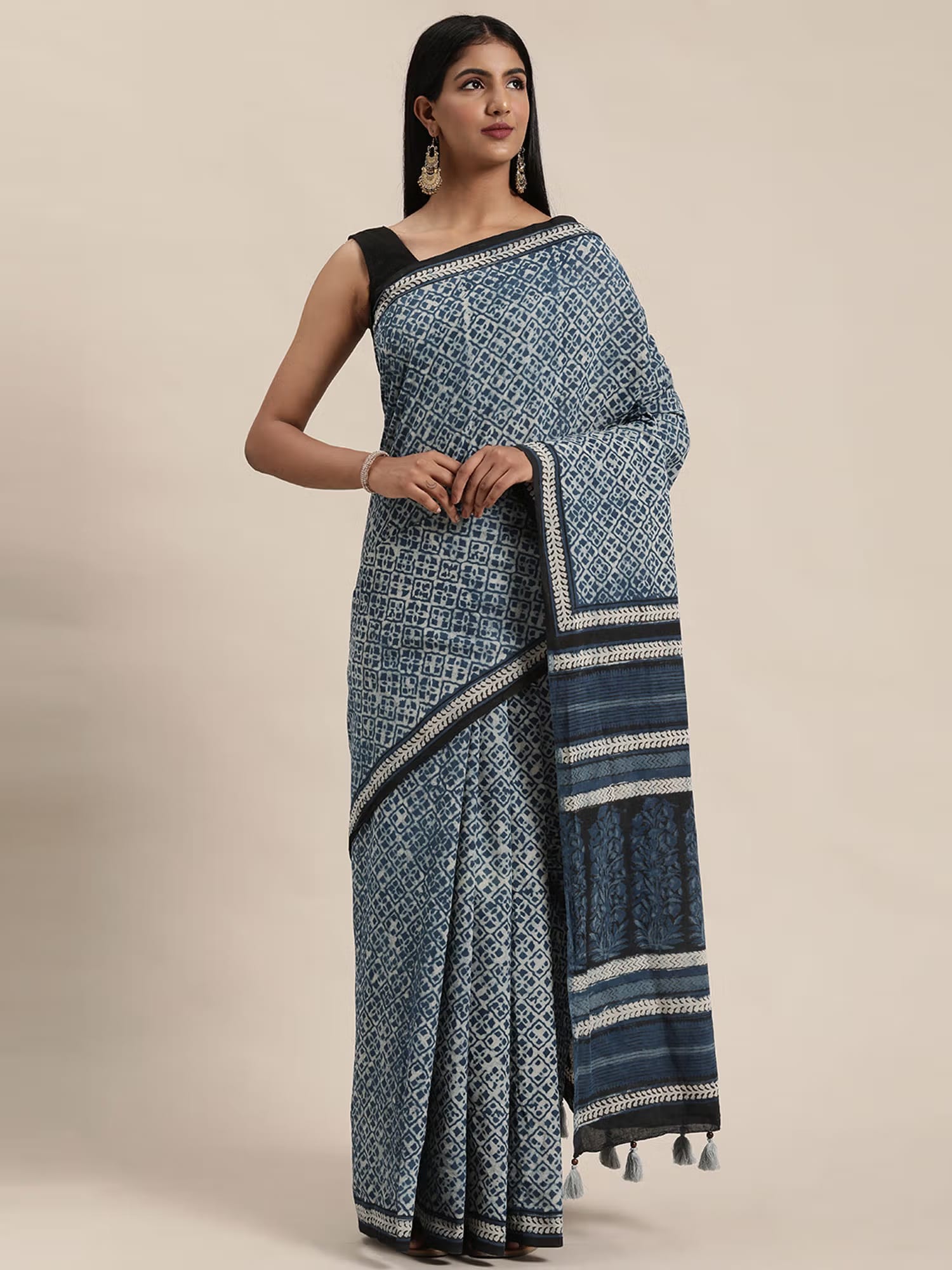 Geroo Jaipur Blue Bagru Hand Block Printed Pure Cotton Saree Nykaa Fashion sale