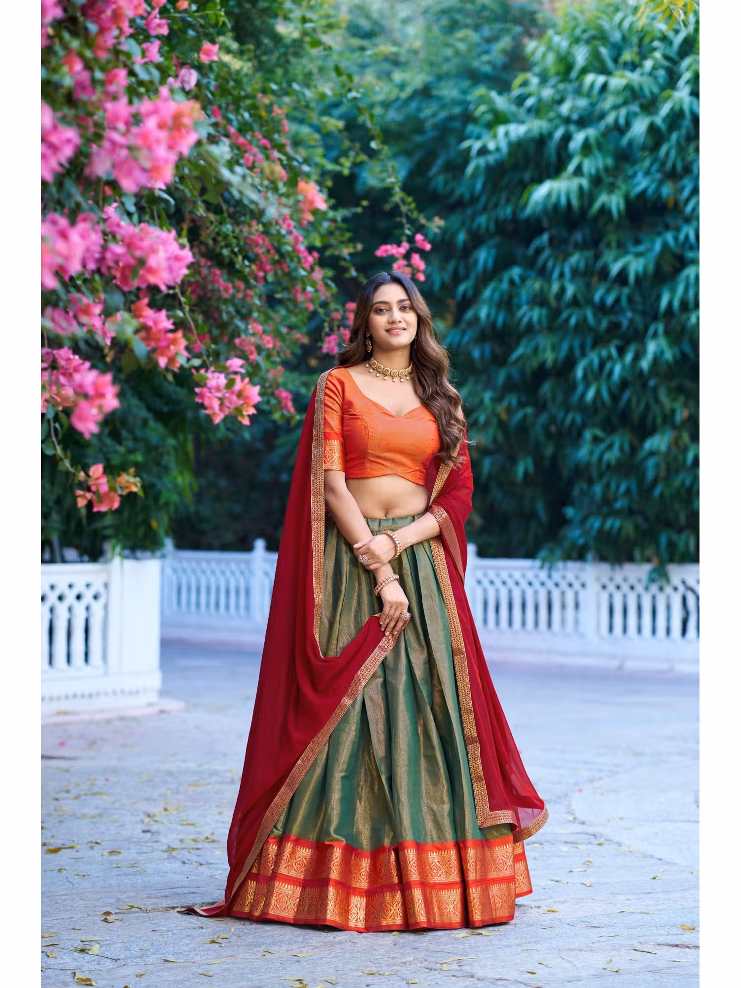 Green Kanchipuram Silk Lehenga with Dupatta and Unstitched Blouse Nykaa Fashion sale