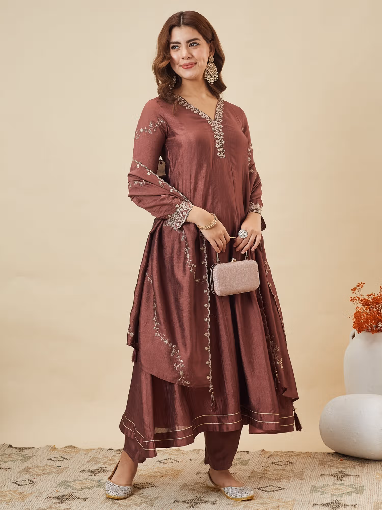 Women Berry Embroidered Silk Anarkali Kurta with Pant and Dupatta Nykaa Fashion sale