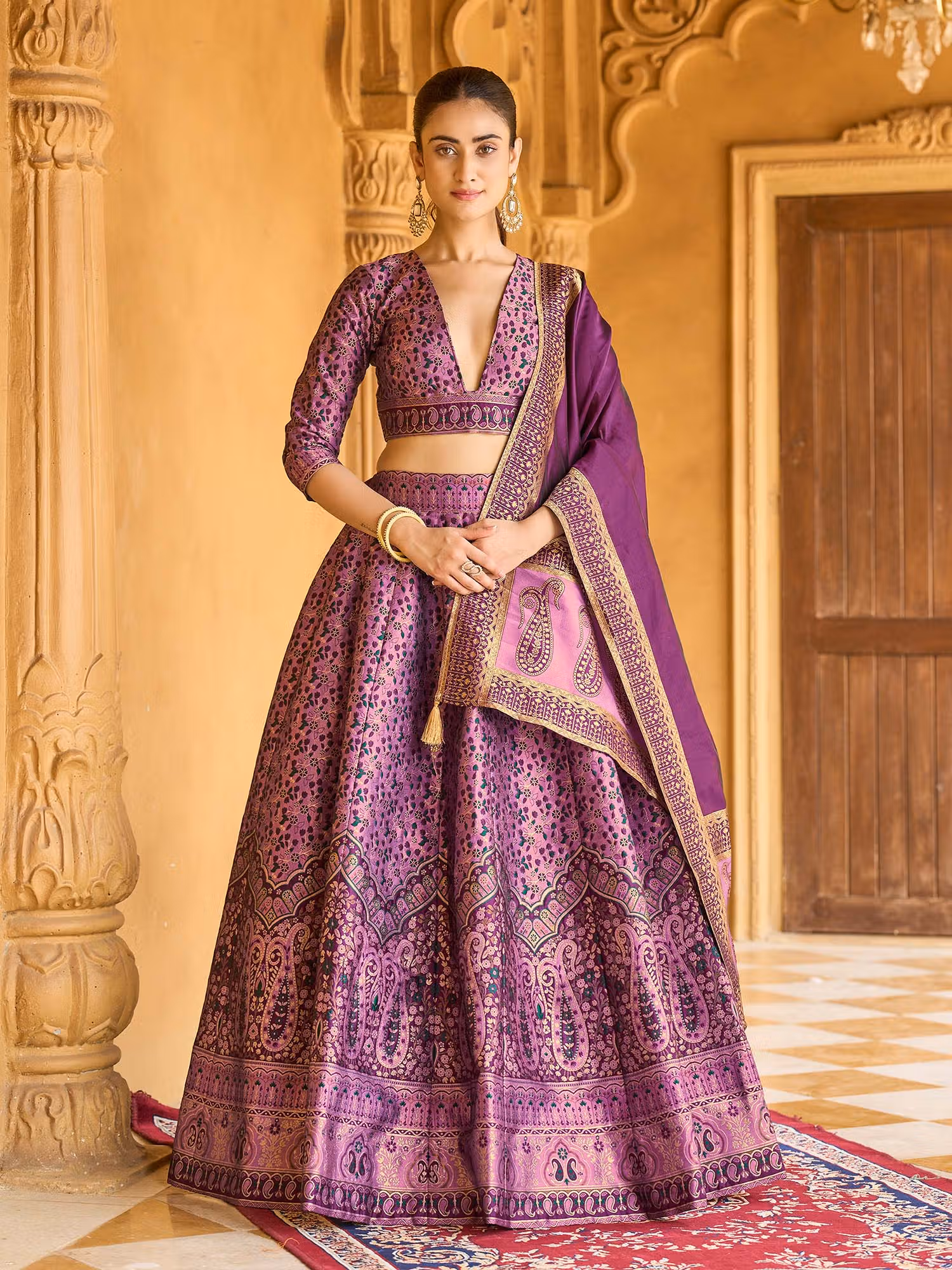 Zari Kanjivaram Purple Stitched Lehenga with Unstitched Choli and Dupatta Nykaa Fashion sale