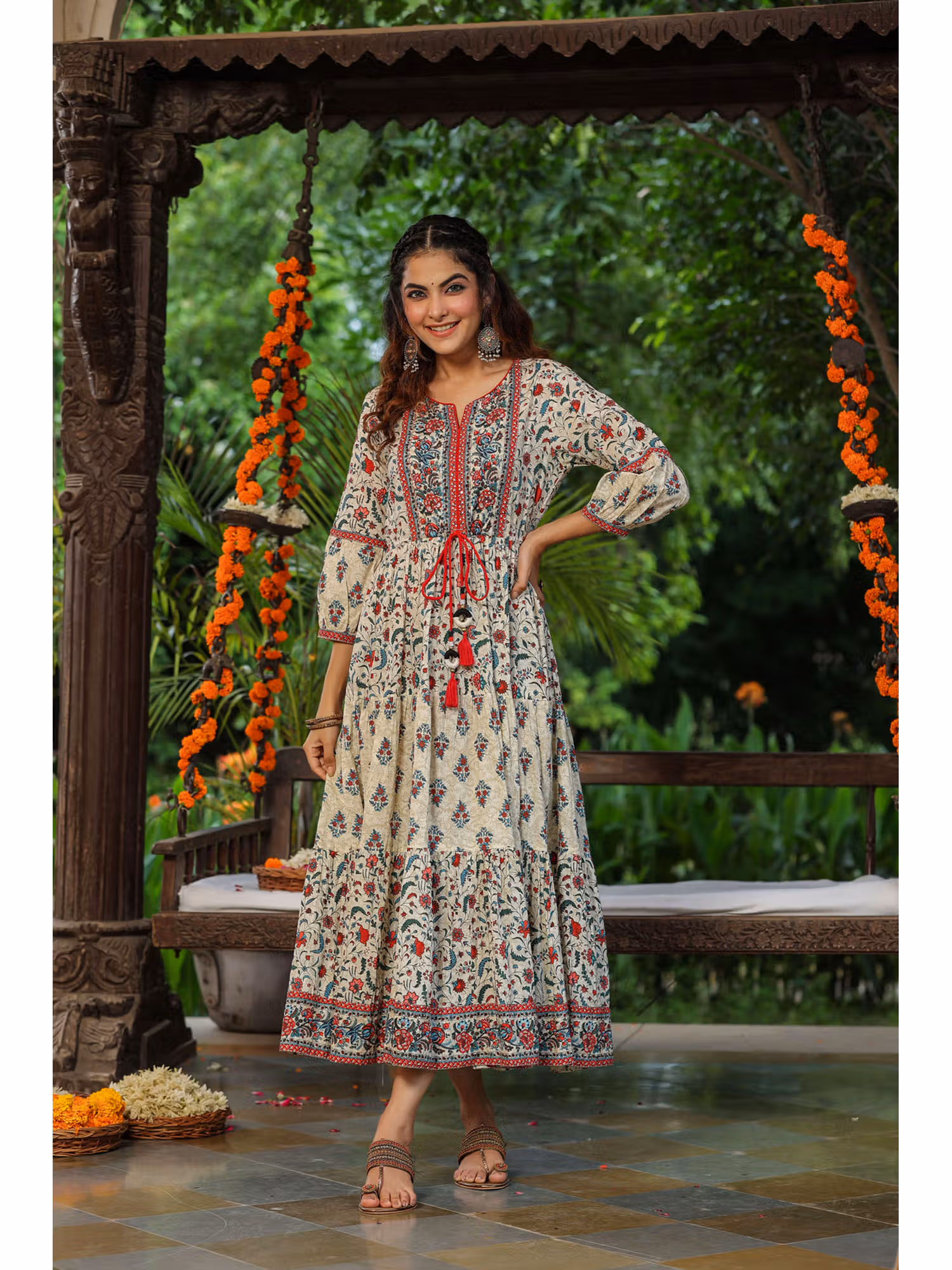 Women Cream Ethnic Motif Printed Sequinned Fit & Flare Maxi Ethnic Dress Nykaa Fashion sale