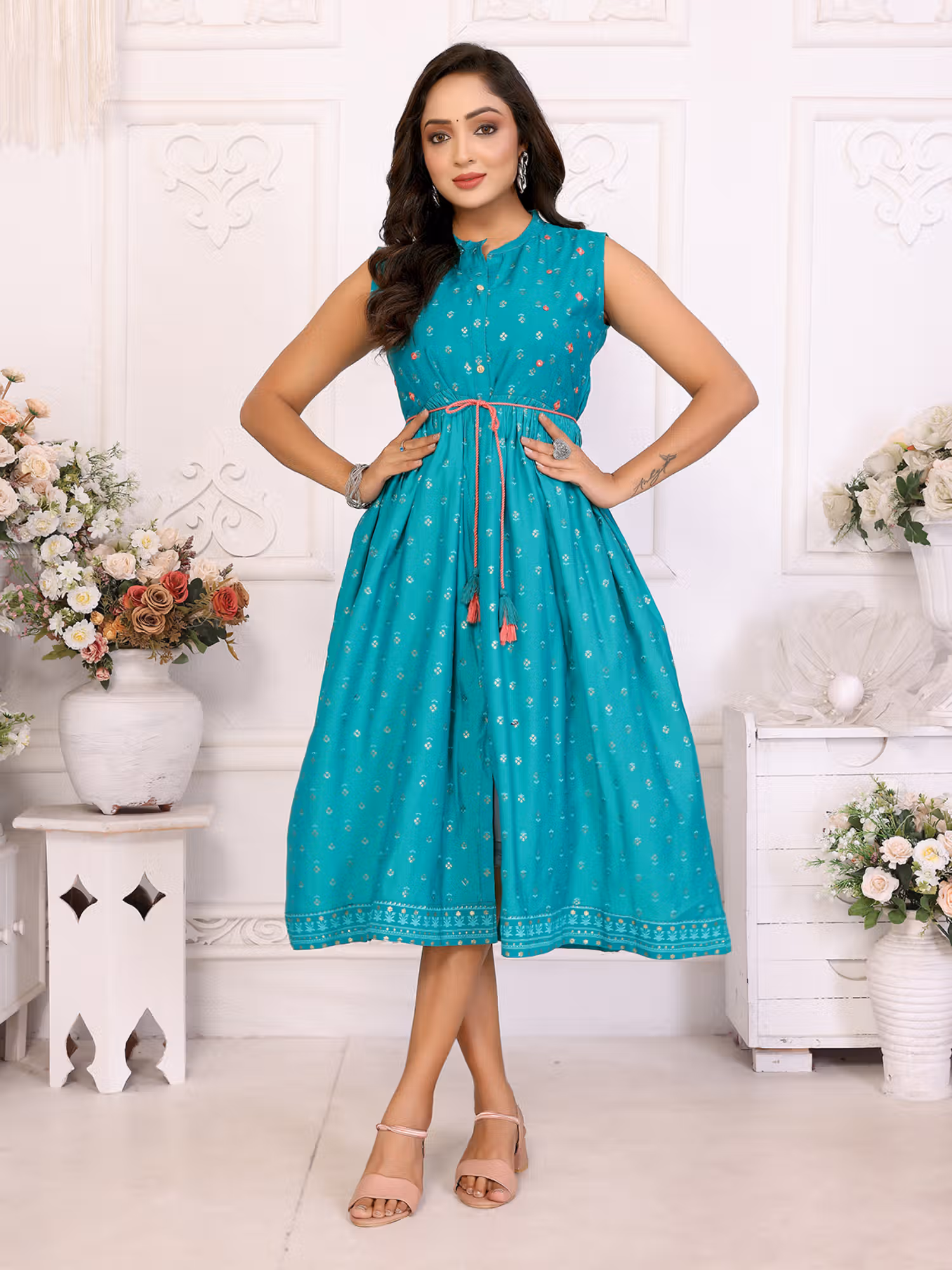 Women Green Viscose Blend Embroidered Flared Midi Dress with Dori Belt (Set of 2) Nykaa Fashion sale