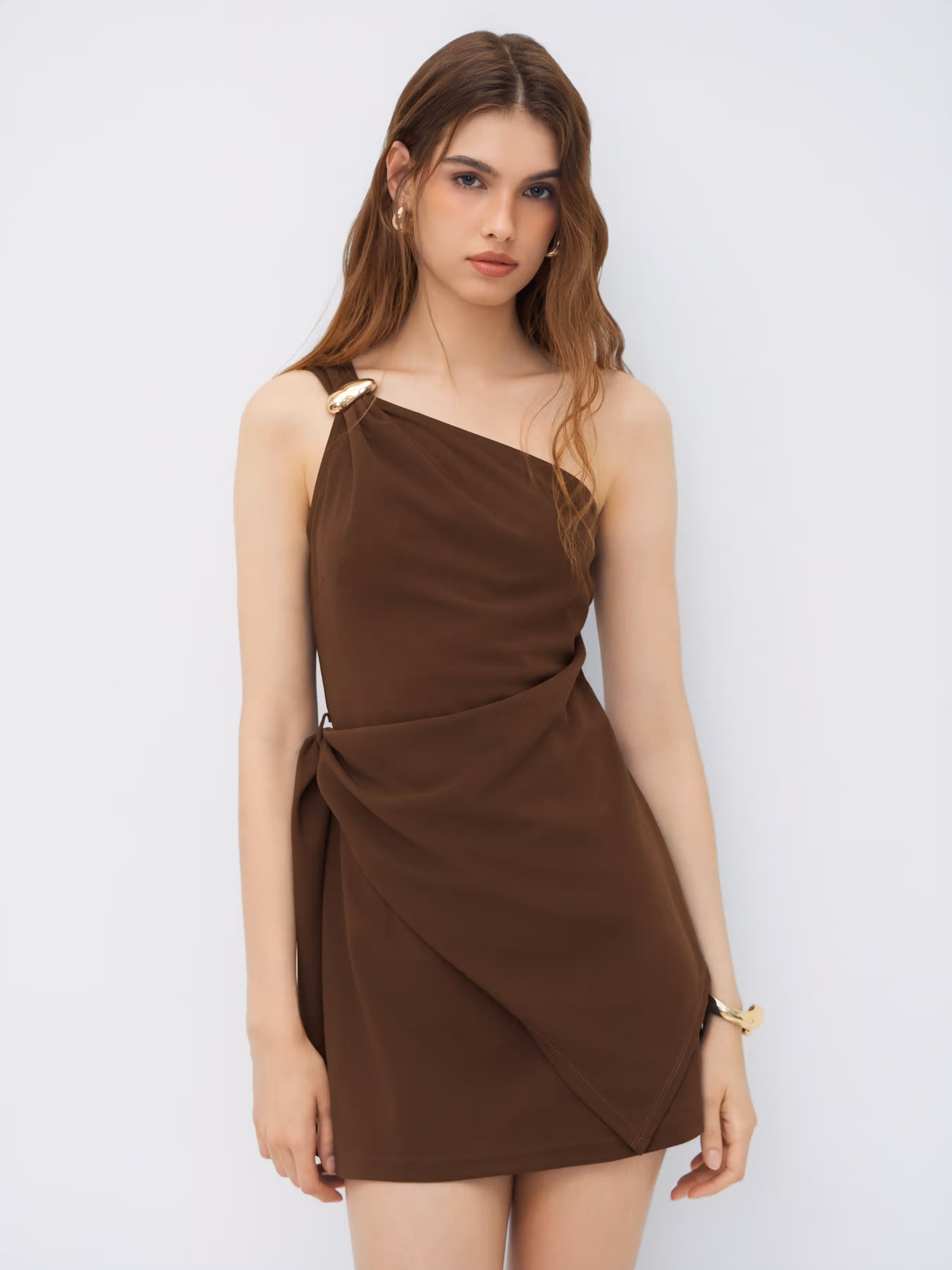 Asymmetrical Neck Metal Detail Draped Mini Dress Nykaa Fashion sale