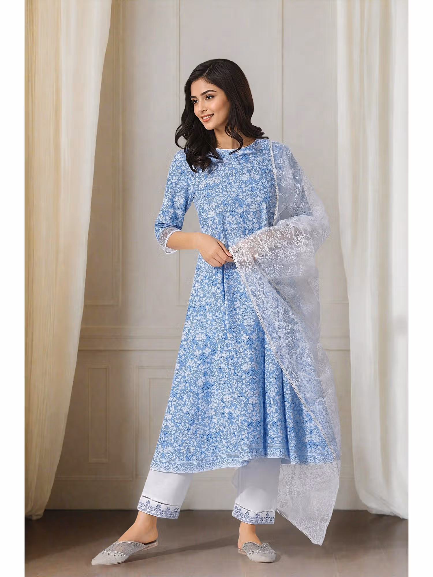 Light Blue Floral Printed Flared Kurta with Pant and Dupatta (Set of 3) Nykaa Fashion sale