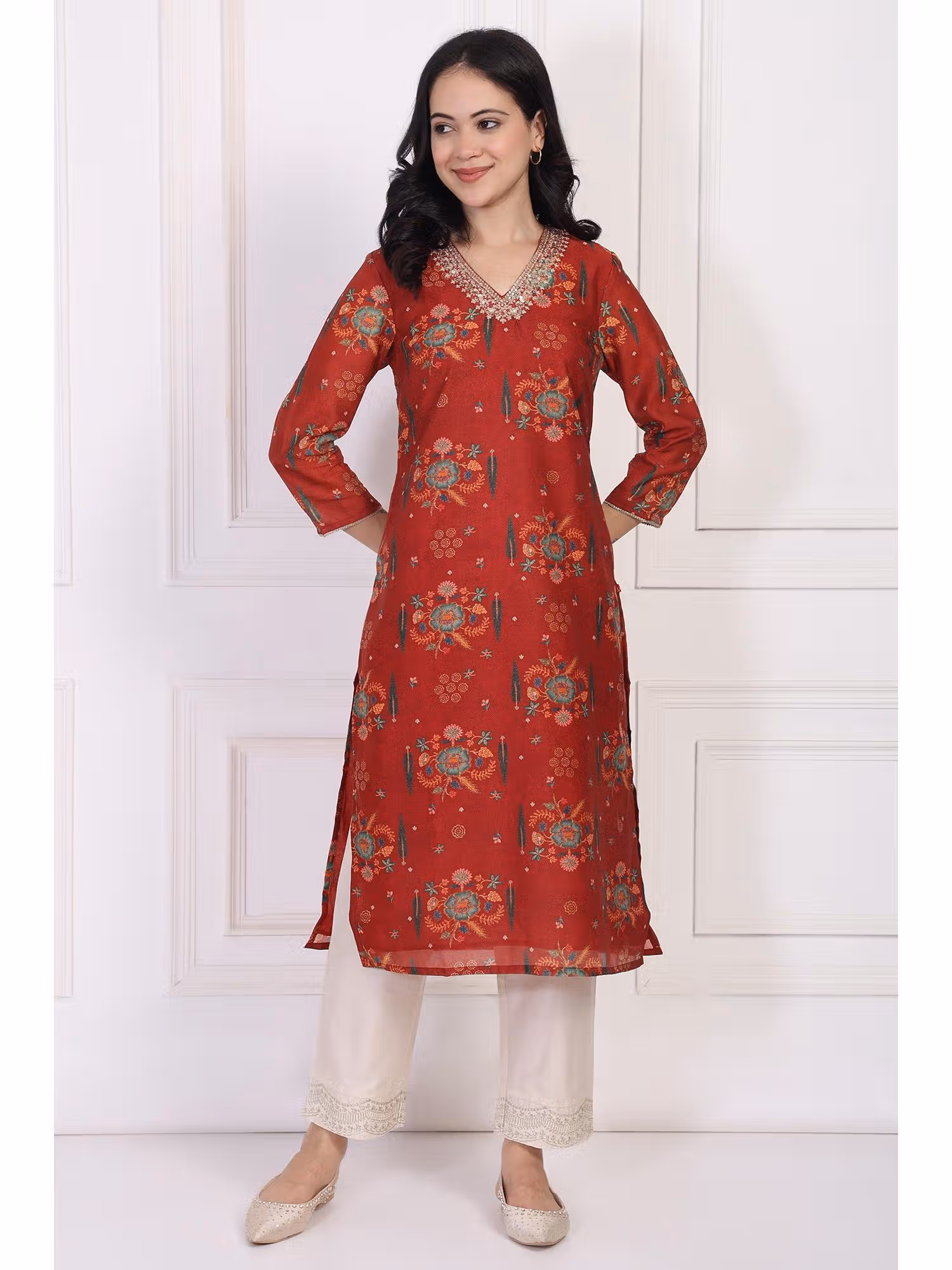 Red Floral Printed Sequined Straight Kurta Nykaa Fashion sale