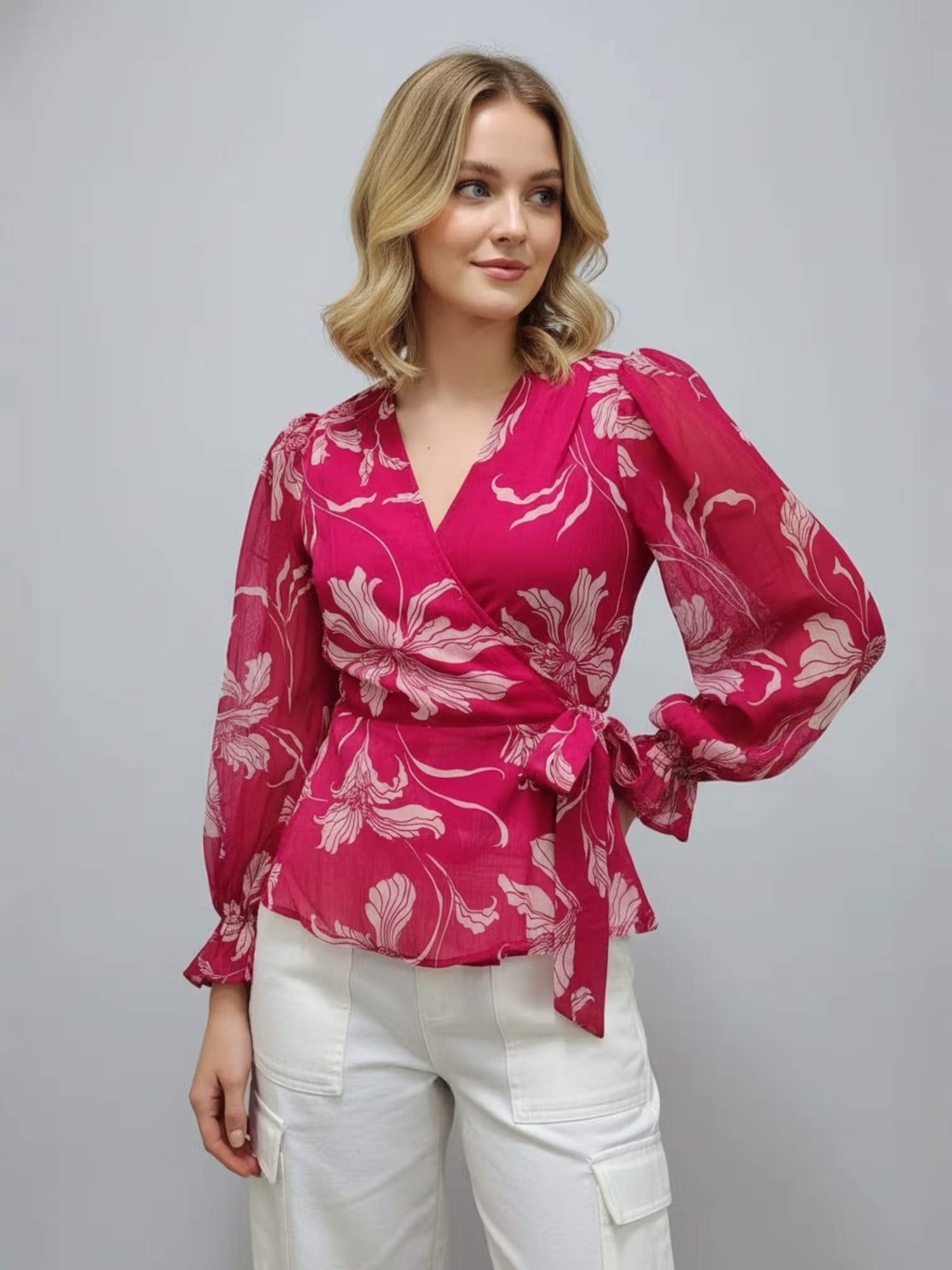 ANVI Be Yourself Floral Pink Chiffon V Neck Full Sleeve Waist Tie-Ups Wrap Top Nykaa Fashion sale