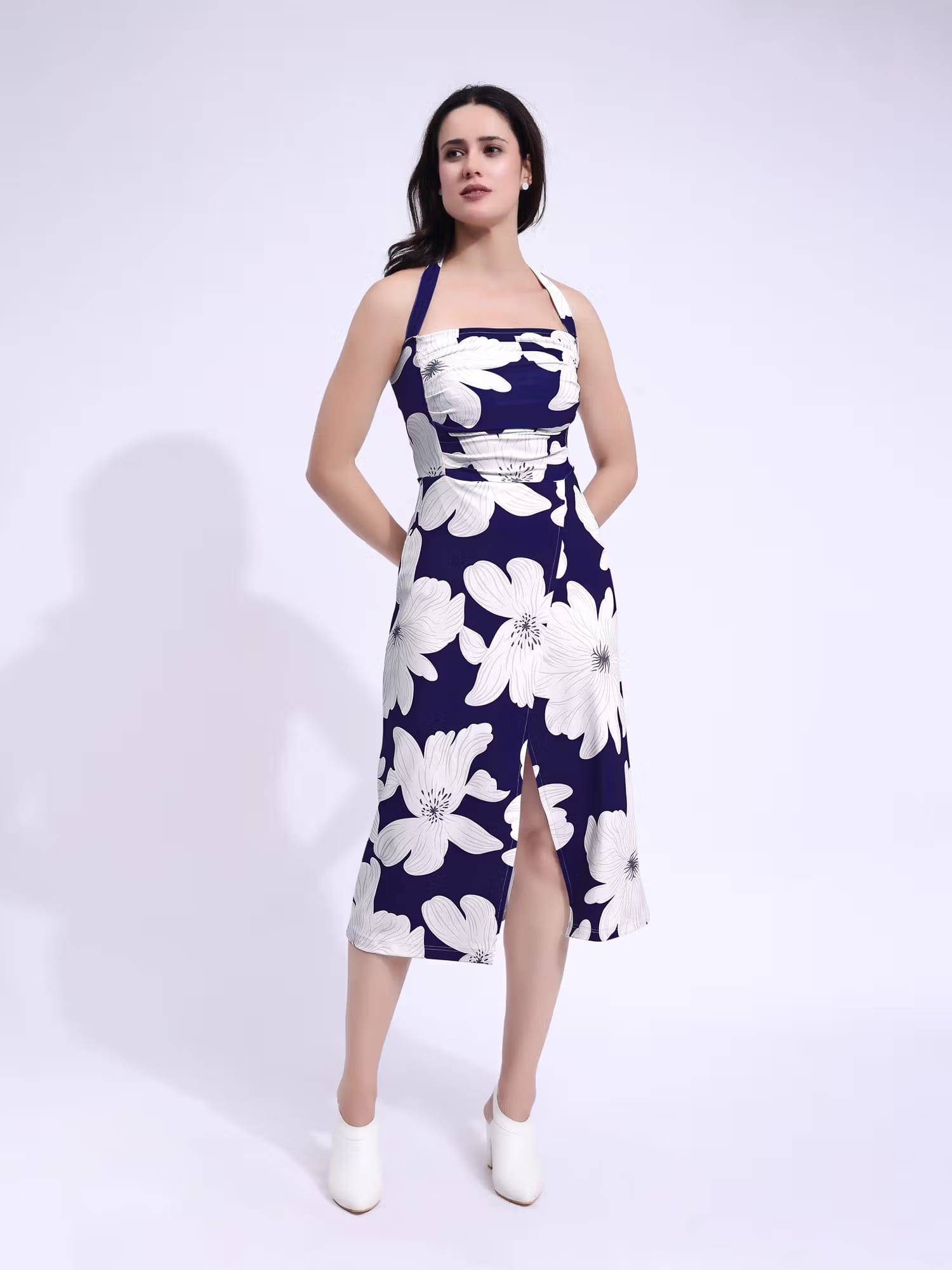PURVAJA Women Printed Navy Blue Midi Dress Nykaa Fashion sale