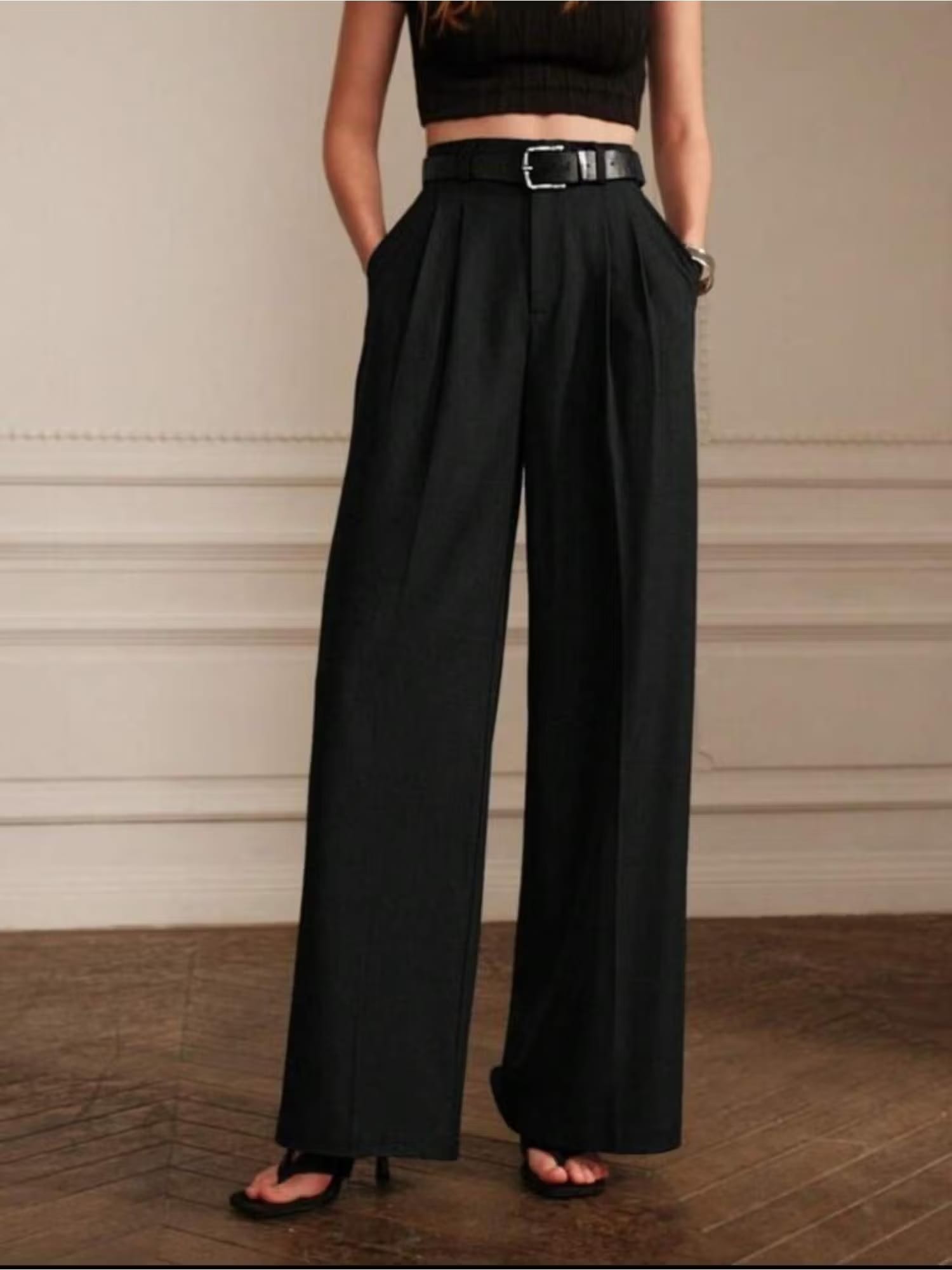 BROADSTAR Womens Black Wide Fit Pleated Korean Trouser Nykaa Fashion sale