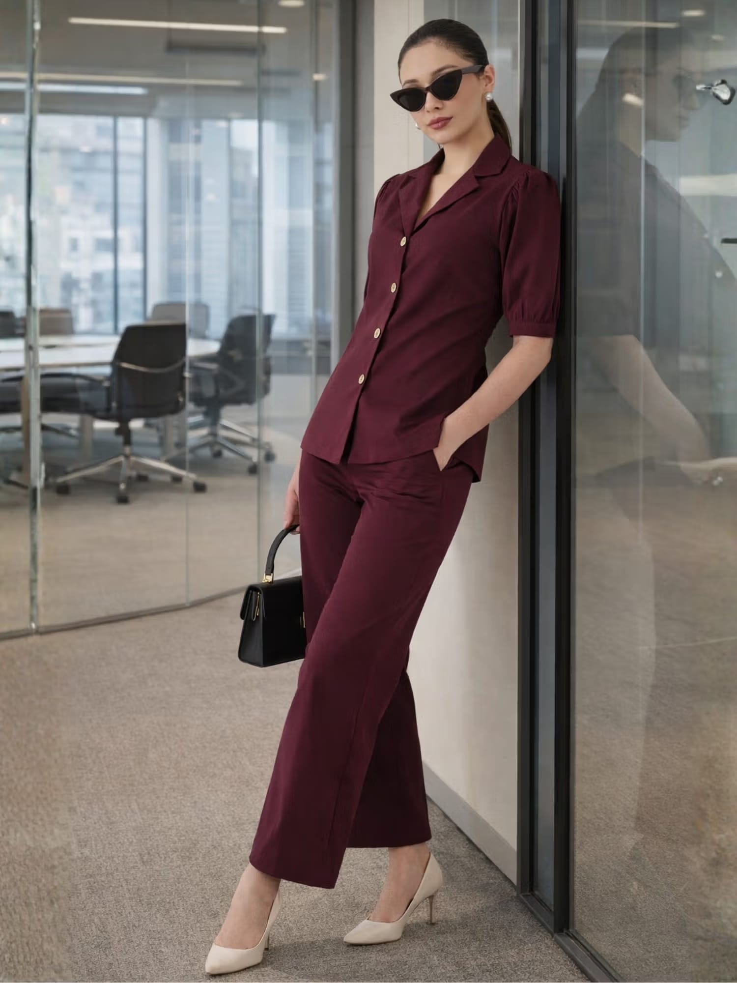WineRed Burgundy Puff Sleeves Co-Ord Set Nykaa Fashion sale