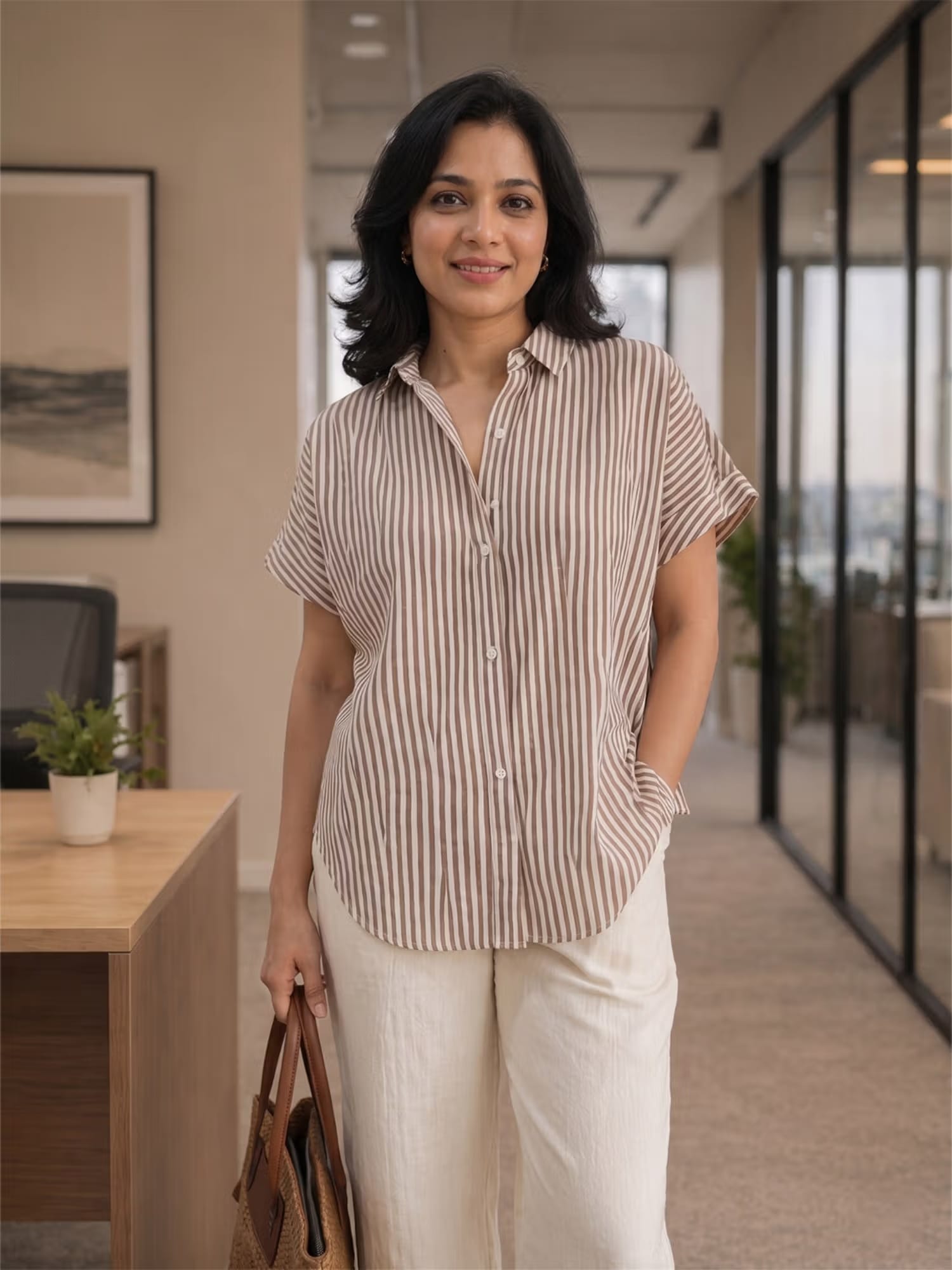 Qurvii Brown Cotton Stripe Drop Shoulder Shirt Nykaa Fashion sale