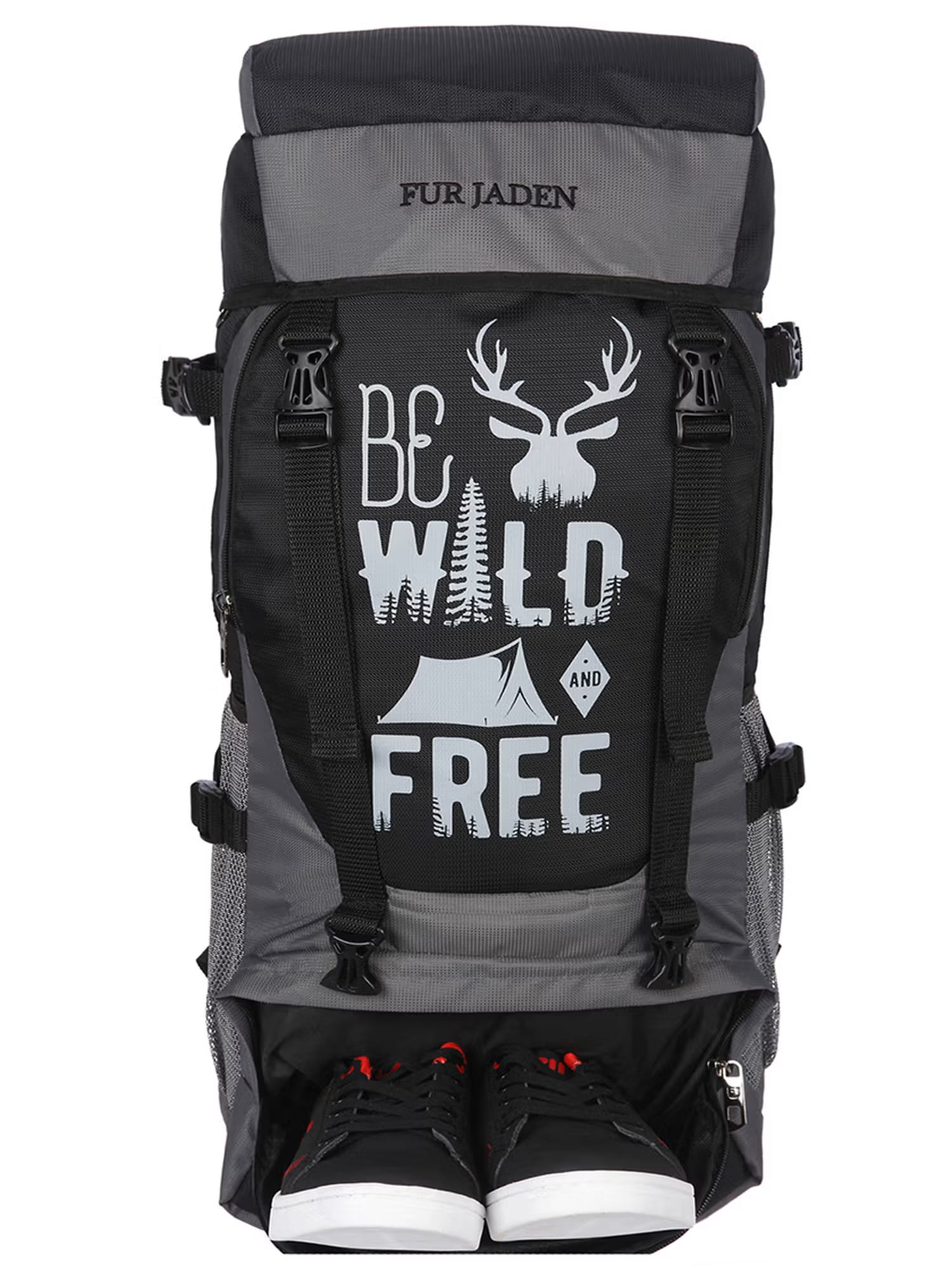 FUR JADEN Black Grey 55 LTR Rucksack Travel Backpack Bag For Trekking, Hiking with Shoe Compartment Nykaa Fashion sale