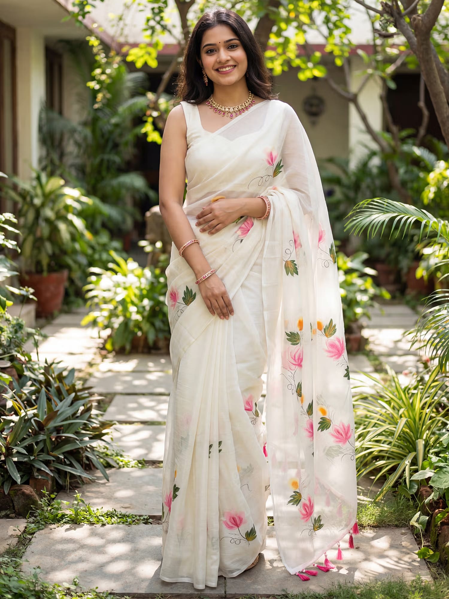Akhilam Chinnon White Floral Printed Designer Saree with Unstitched Blouse Nykaa Fashion sale