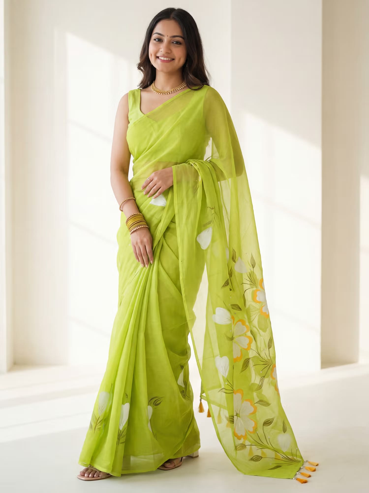 Akhilam Chinnon Light Green Floral Printed Designer Saree with Unstitched Blouse Nykaa Fashion sale