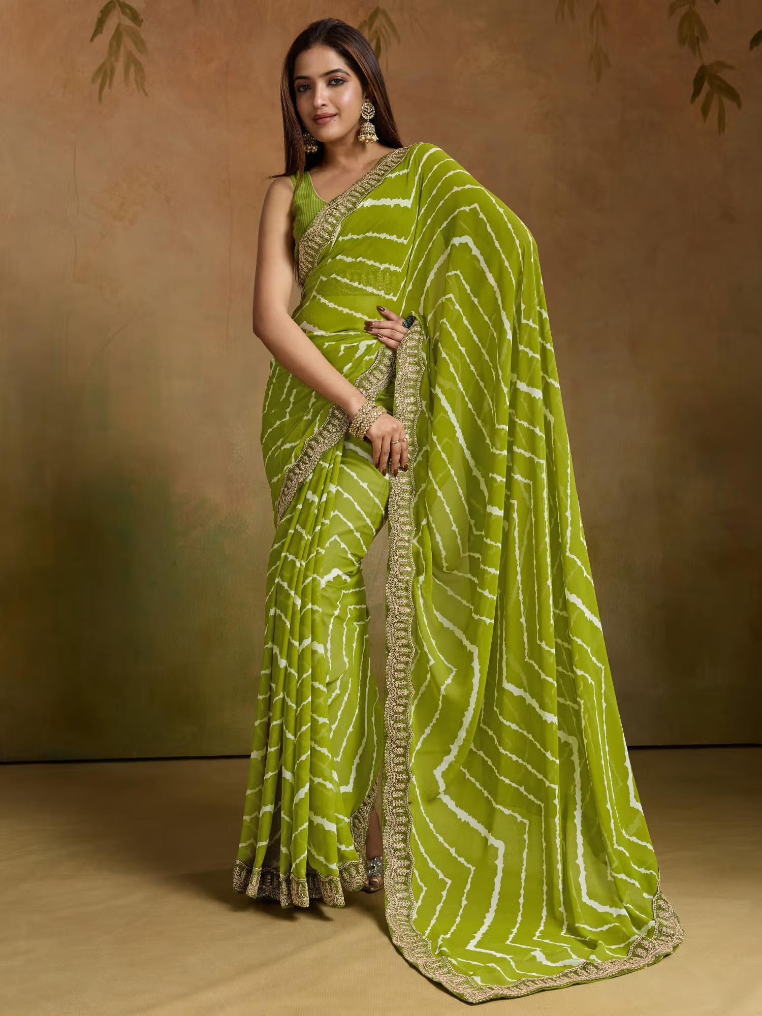 Akhilam Women Green Georgette Printed Saree with Unstitched Blouse Nykaa Fashion sale