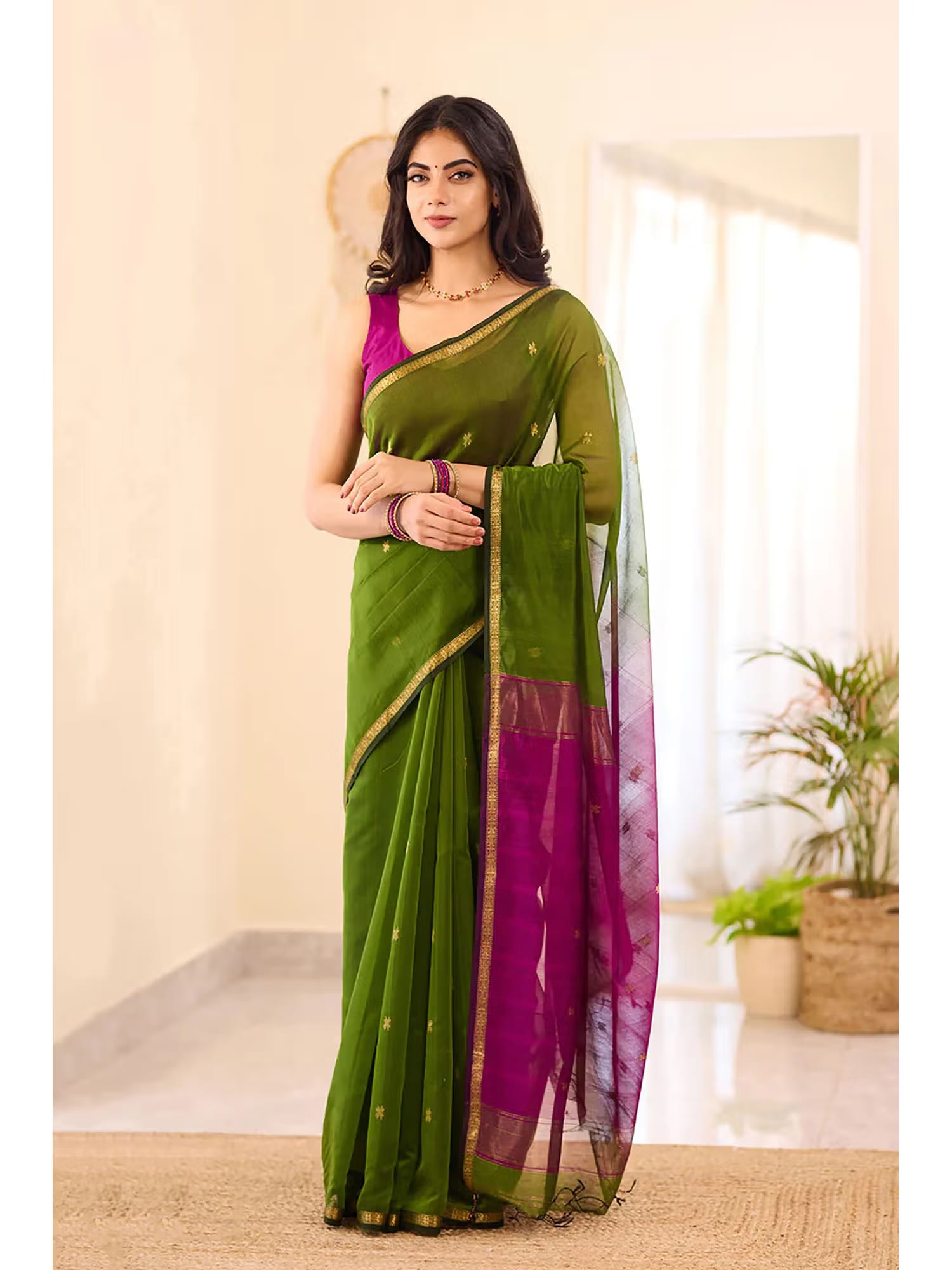 Anjaneya Sarees Women Olive Woven Saree with Unstitched Nykaa Fashion sale