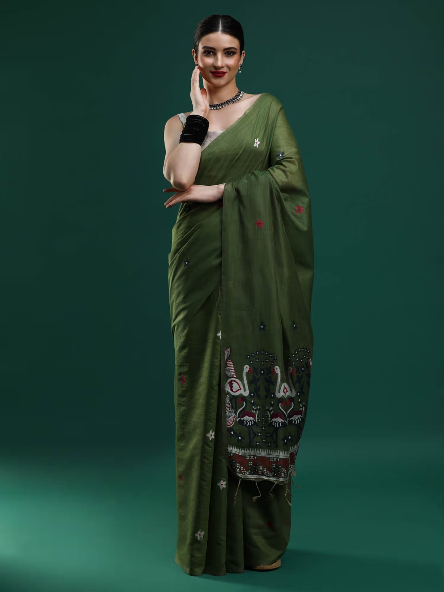 Sarha Women Green Floral Muga Saree with Unstitched Blouse Nykaa Fashion sale