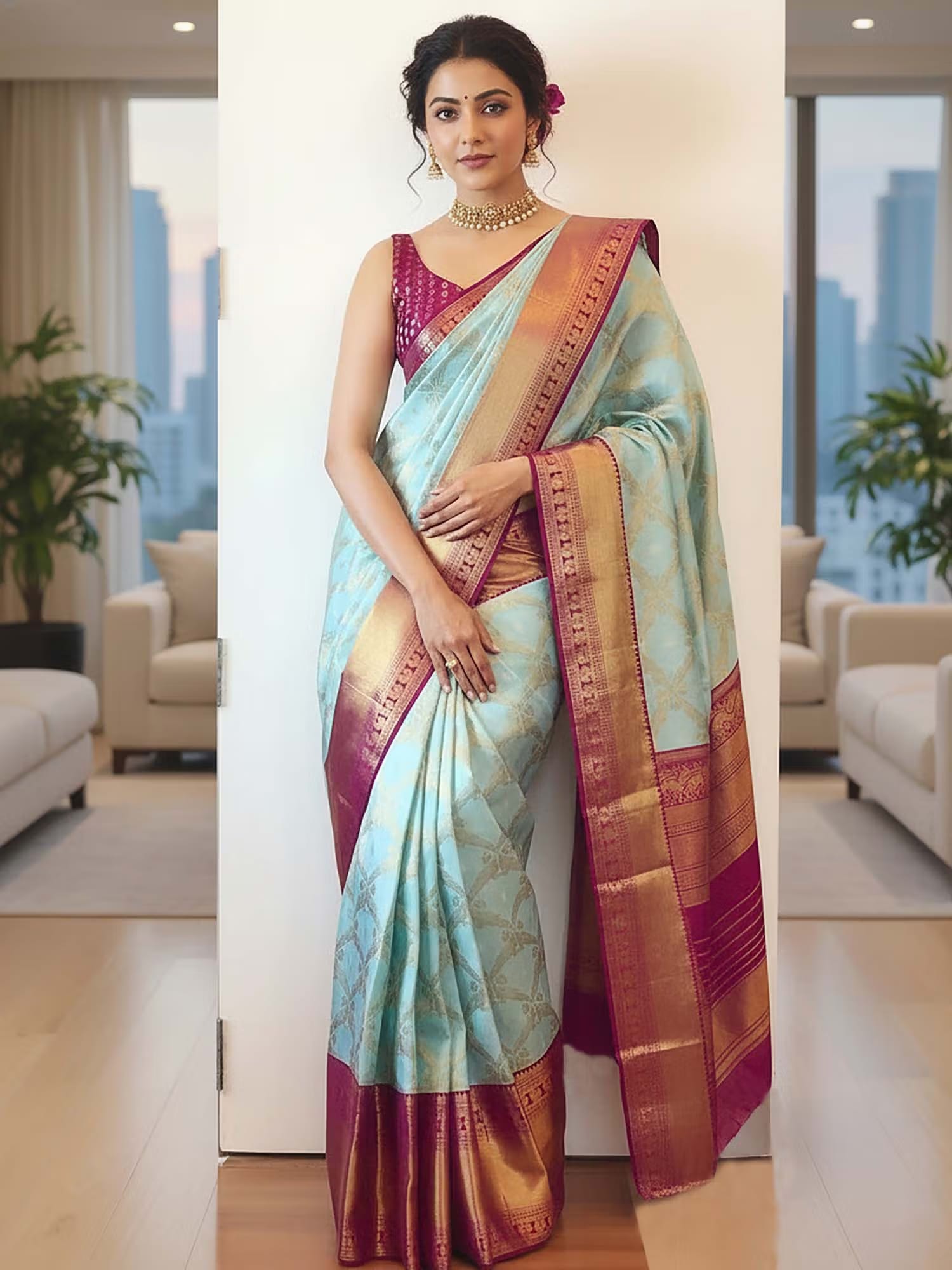 AMRUTKALA SAREES Blue Designer Banarasi Silk Kanjivaram Saree with Unstitched Blouse Nykaa Fashion sale