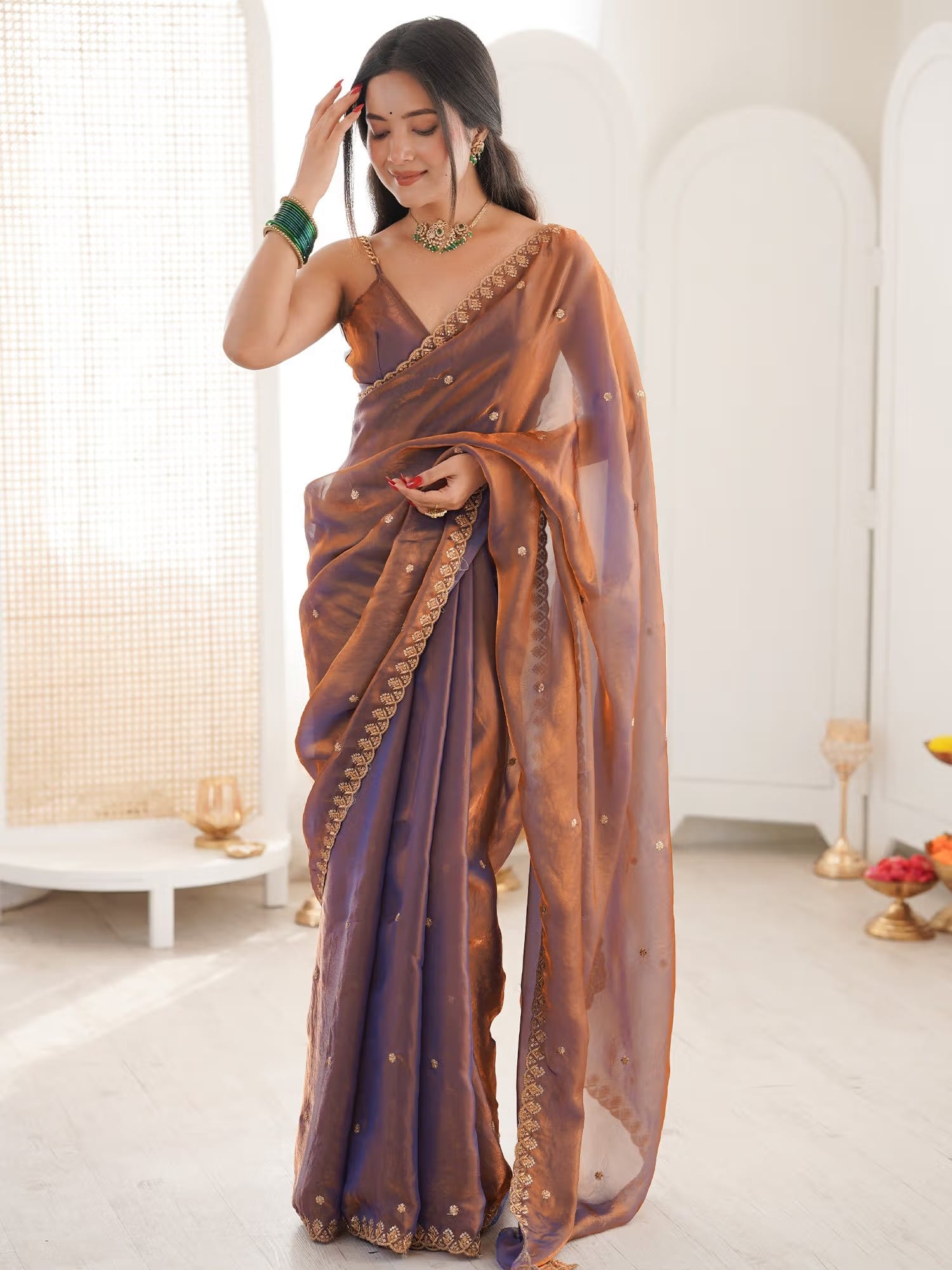 Sareemall Women's Paper Silk Rose Gold Embellished Designer Saree With Unstitched Blouse Nykaa Fashion sale