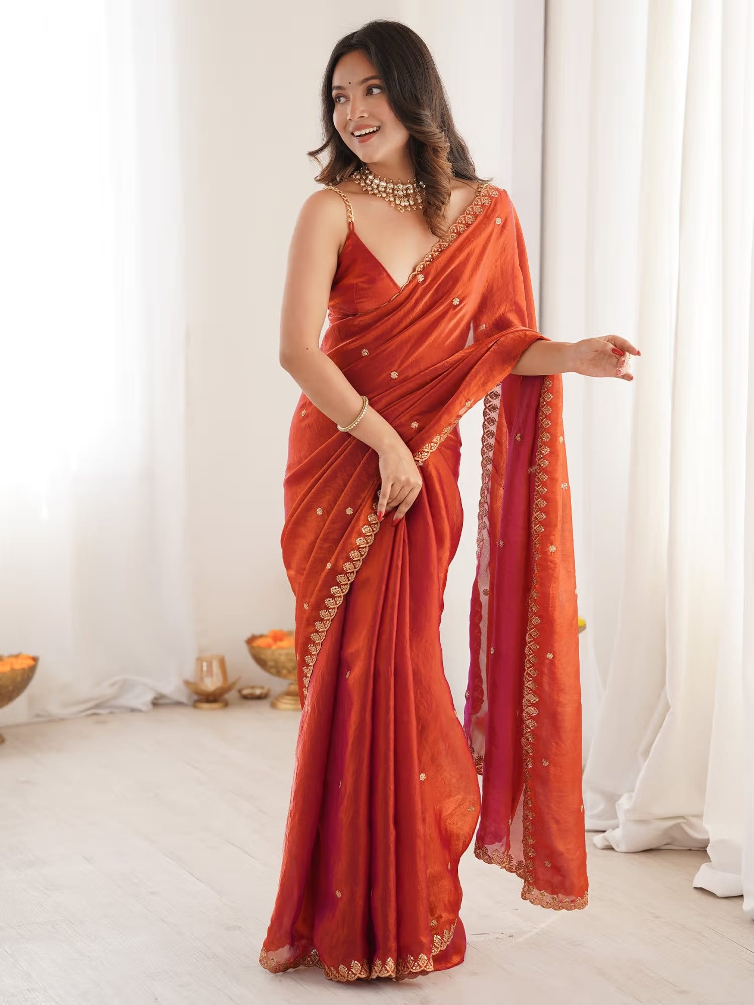 Sareemall Women's Paper Silk Copper Embellished Designer Saree With Unstitched Blouse Nykaa Fashion sale
