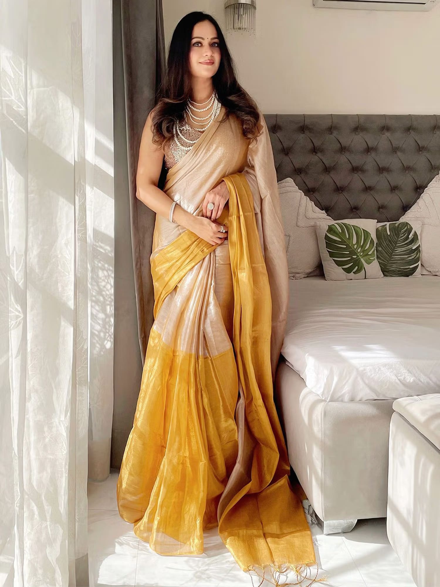 Sareemall Women's Tissue Beige Solid Designer Saree with Unstitched Blouse Nykaa Fashion sale