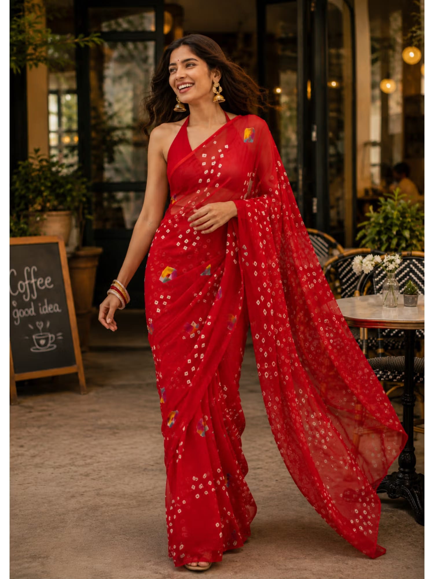 Sutra Attire Red Chiffon Bandhani Saree with Unstitched Blouse Nykaa Fashion sale