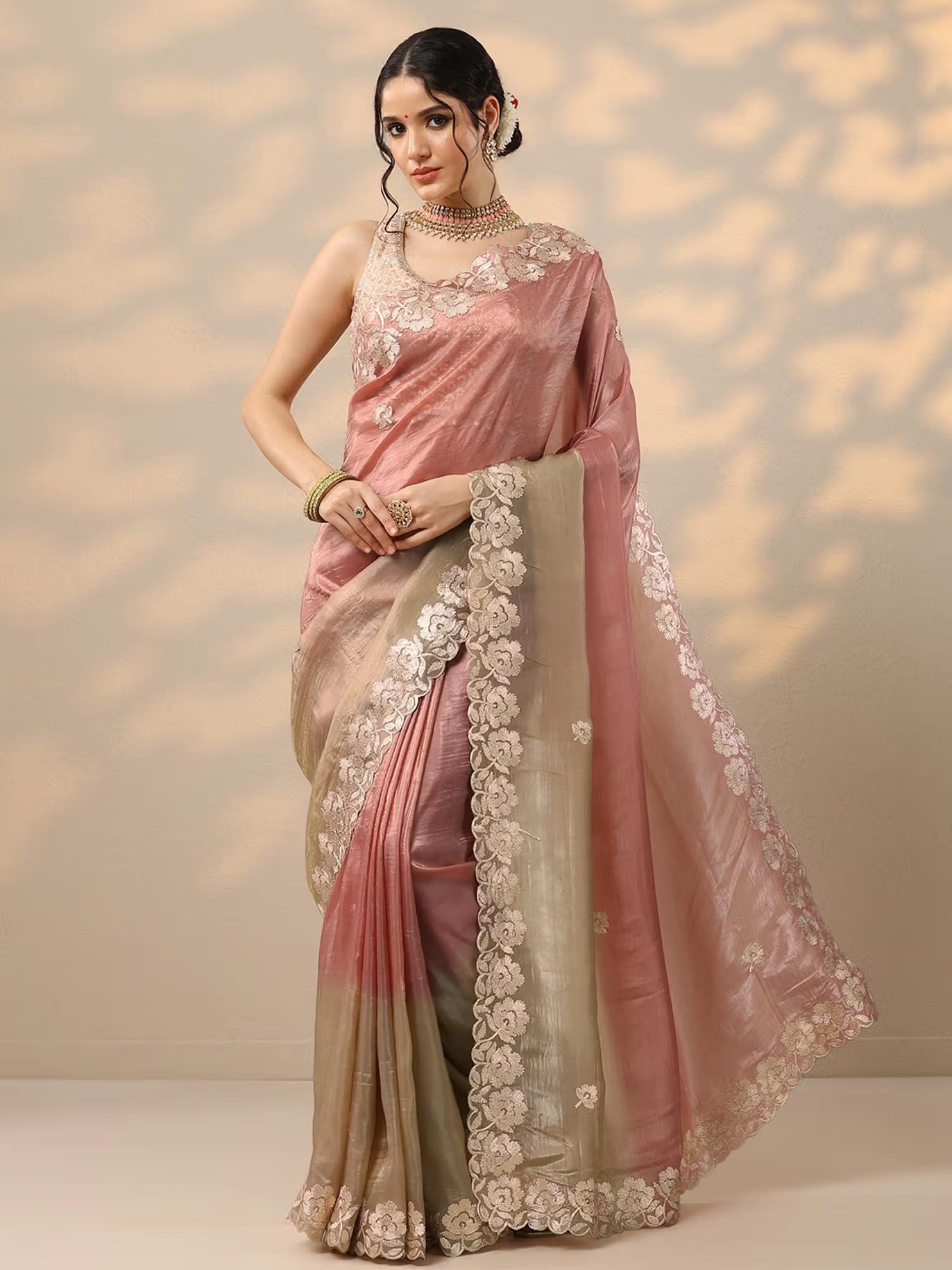Libas Womens Peach Embroidered Silk Blend Saree with Unstitched Blouse Nykaa Fashion sale