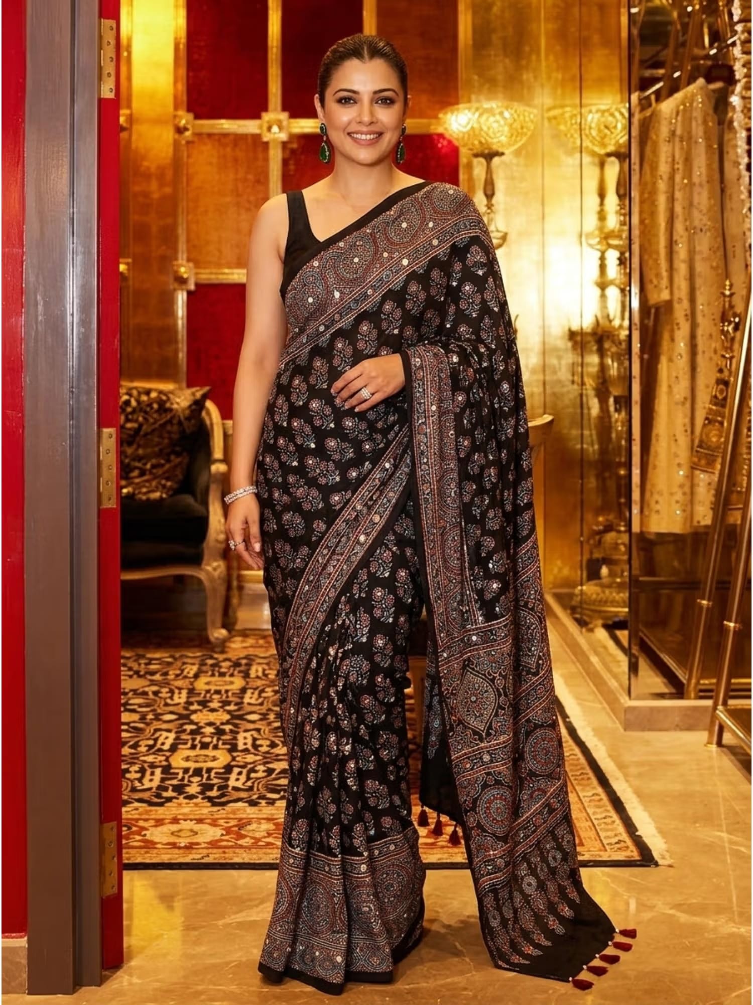 Nyri Printed Ajrak Silk Blend Saree with Unstitched Blouse Nykaa Fashion sale