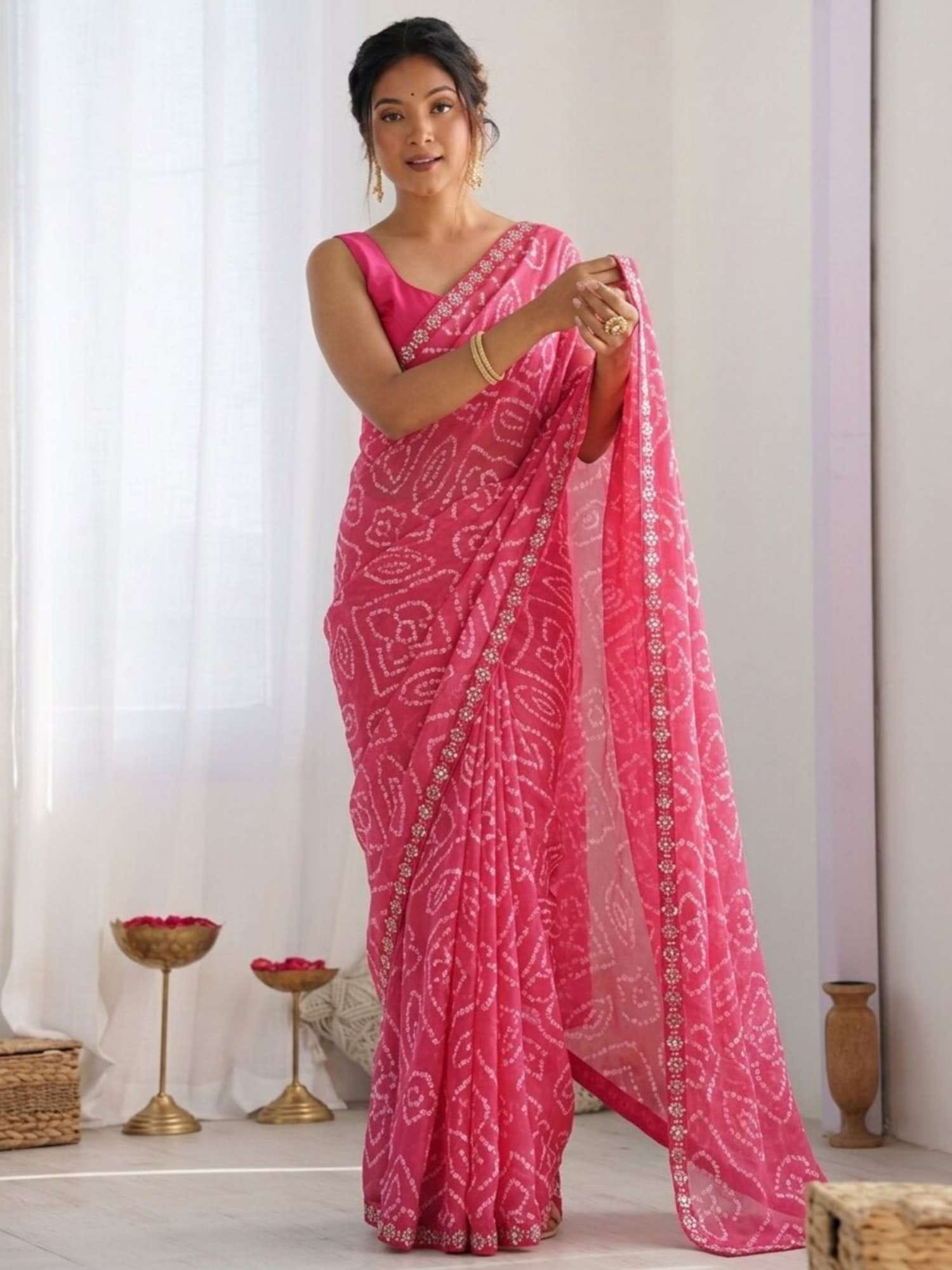 Odette Pink Georgette Lace Work Saree and Unstitched Blouse Piece Nykaa Fashion sale