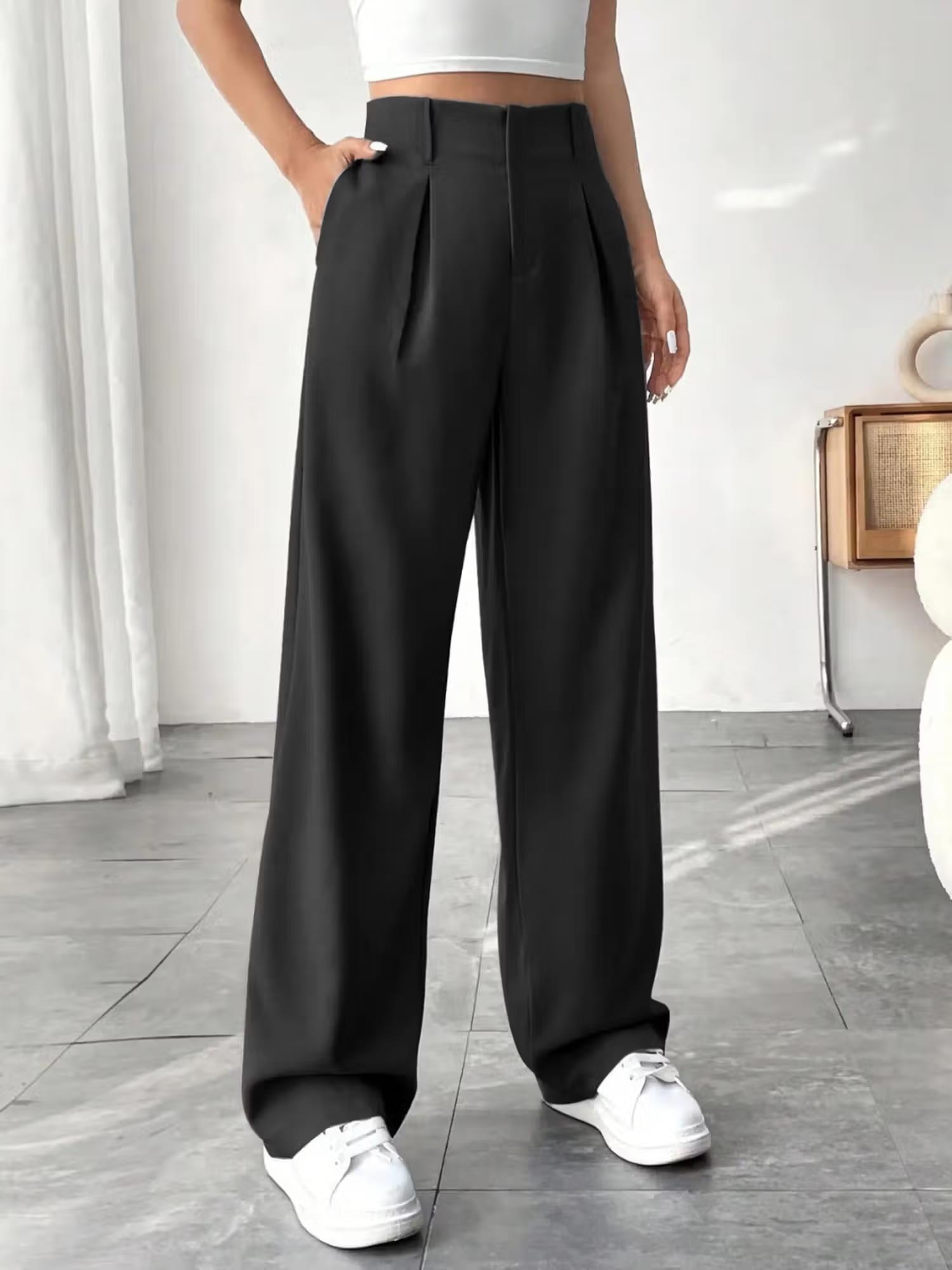 Buynewtrend High-Waist Black Women’s Formal Pleated Trousers with Straight Legs Nykaa Fashion sale