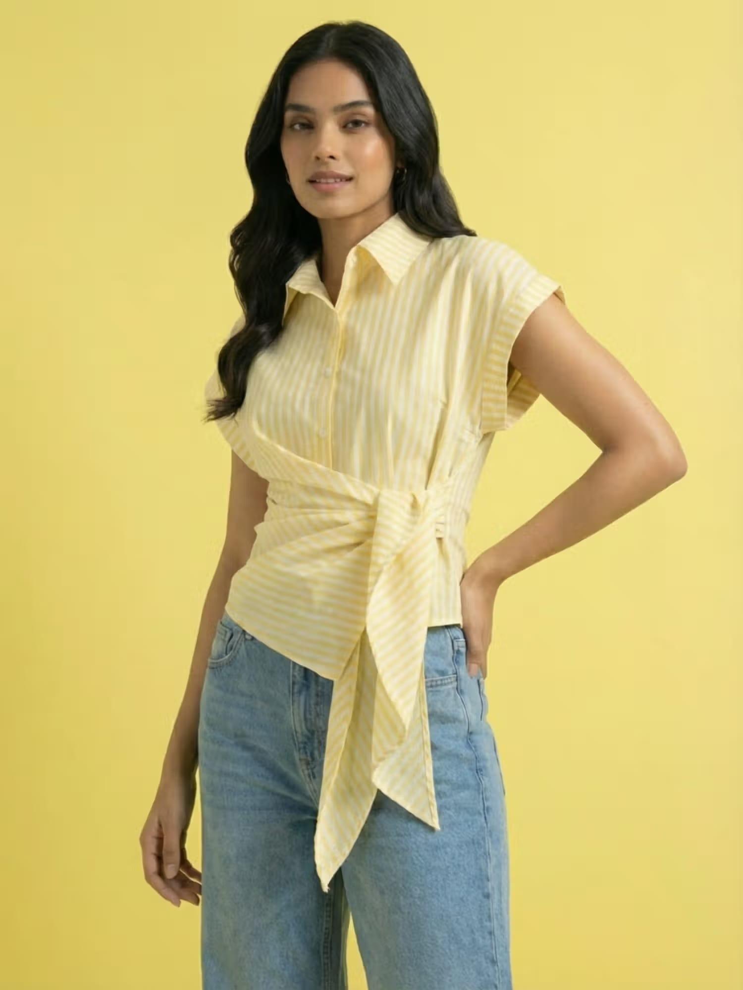 Buynewtrend Yellow Women Striped Wrap Style Cotton Shirt Nykaa Fashion sale