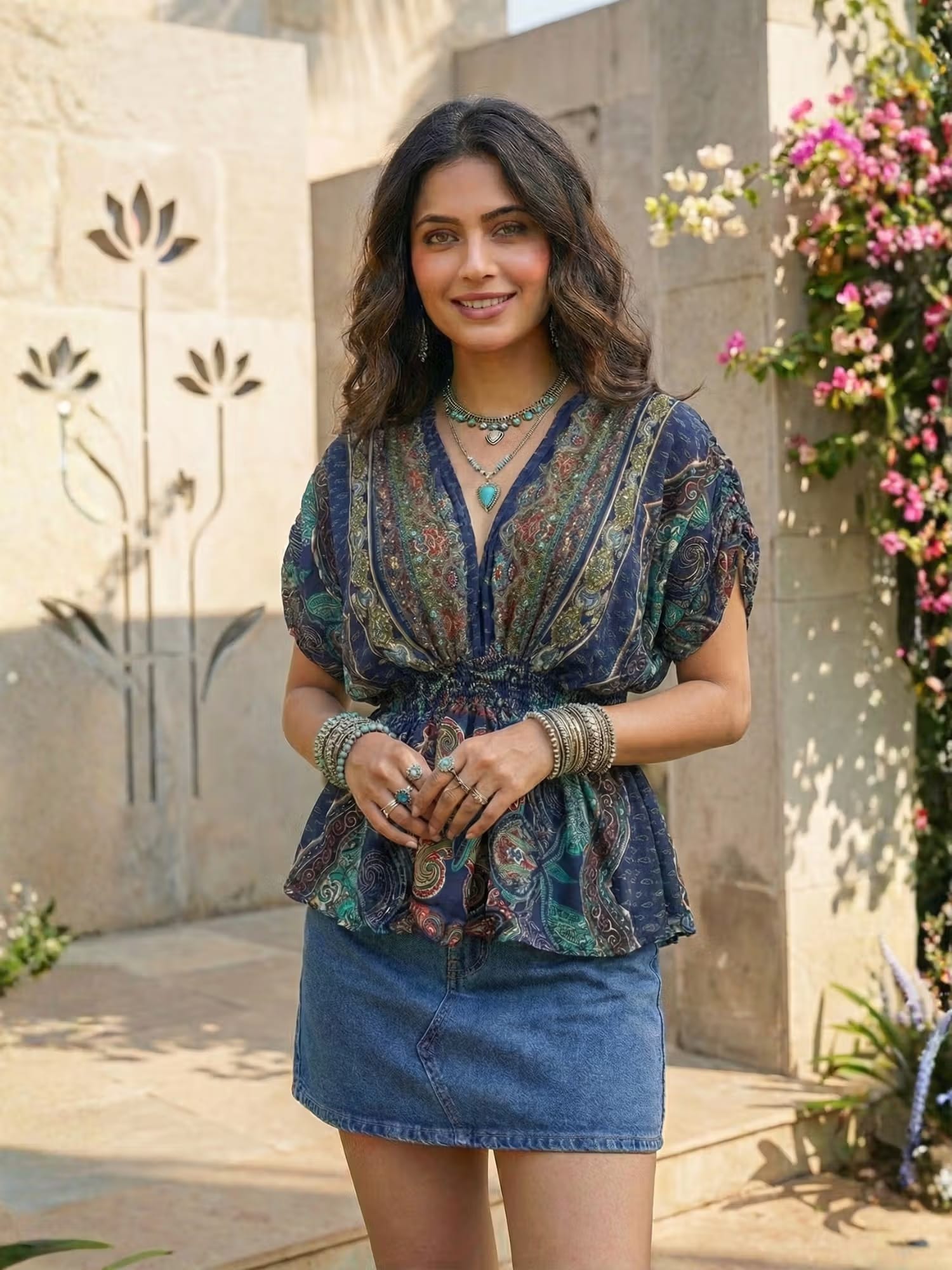 BOHOLYFE Calindra Navy Nomad Boho Peplum Top Nykaa Fashion sale