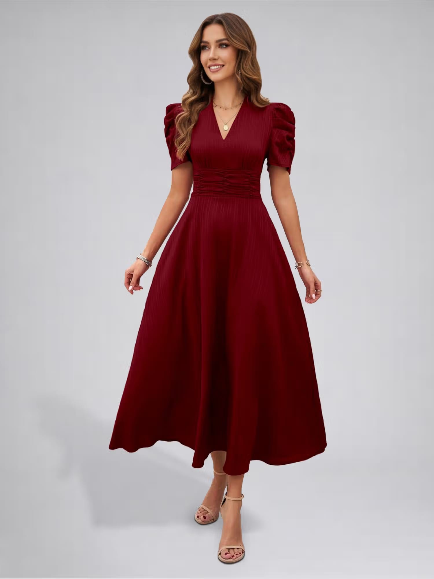 Twenty Dresses by Nykaa Fashion Womens Puff Sleeve Maroon Solid V-Neck A-Line Midi Dress Nykaa Fashion sale