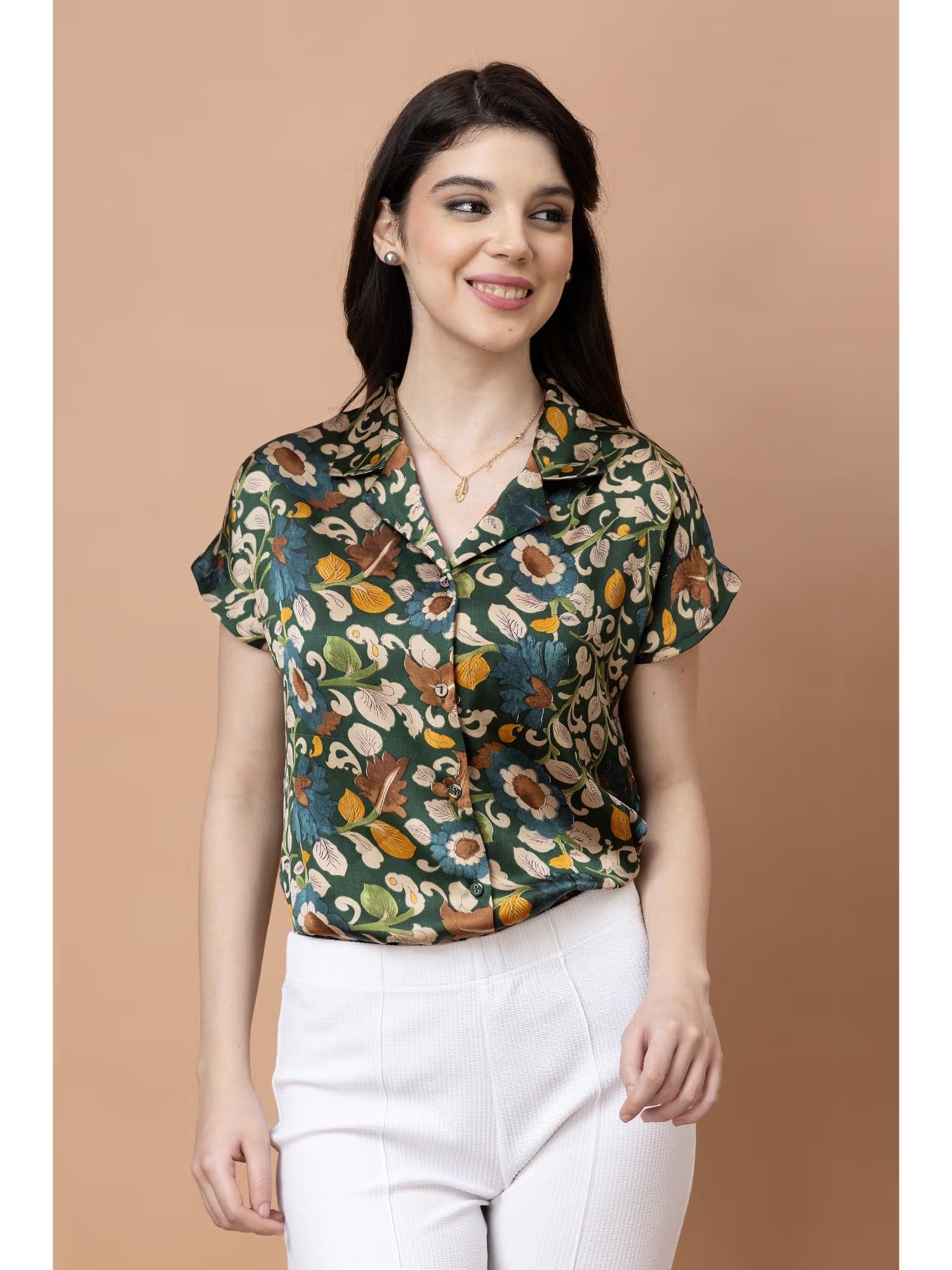 PURYS Green and Beige Cuban Collar Floral Printed Satin Shirt Nykaa Fashion sale