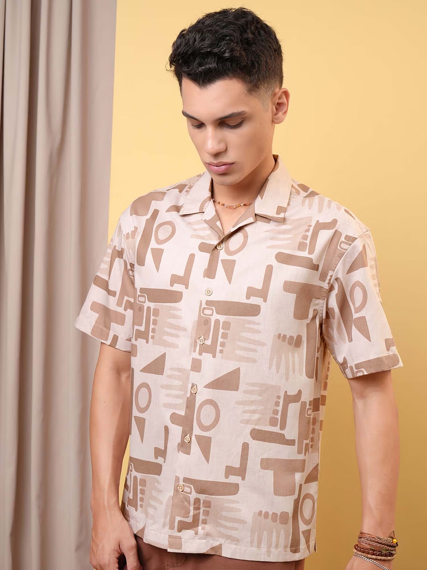 LOCOMOTIVE Men Beige Melange Printed Collar Relaxed Fit Shirt Nykaa Fashion sale