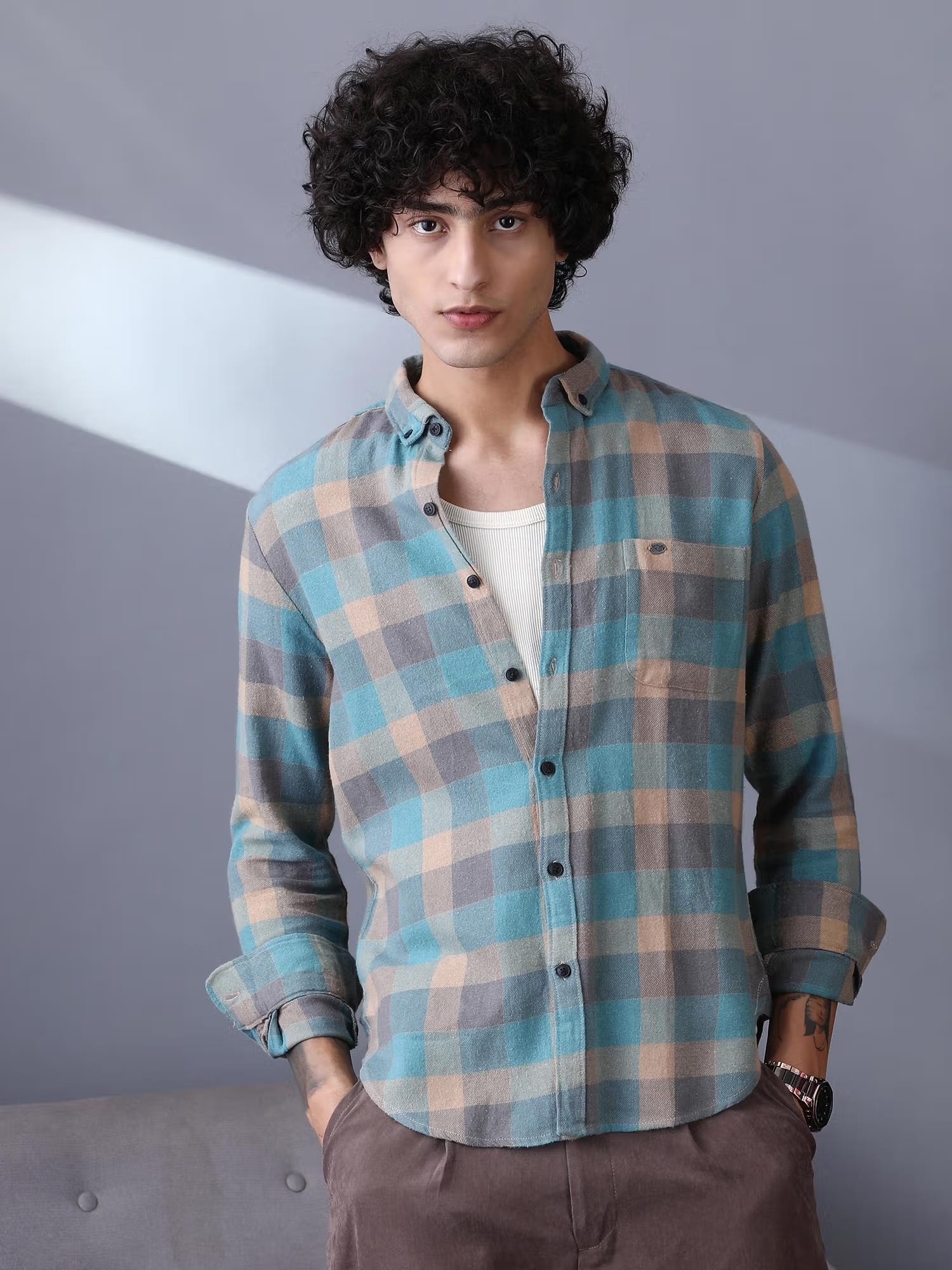 CAHOOT Men Sky Blue and Beige Block Buffalo Regular Shirt Nykaa Fashion sale