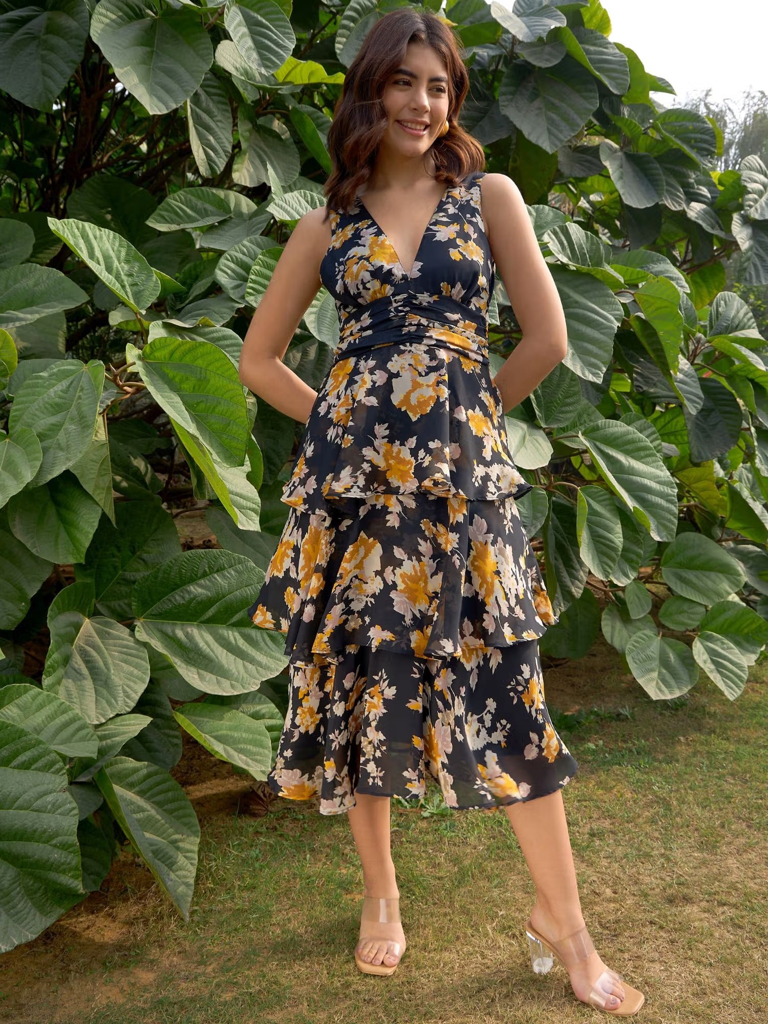 RARE Women Black V-Neck Floral Printed Midi Dress Nykaa Fashion sale