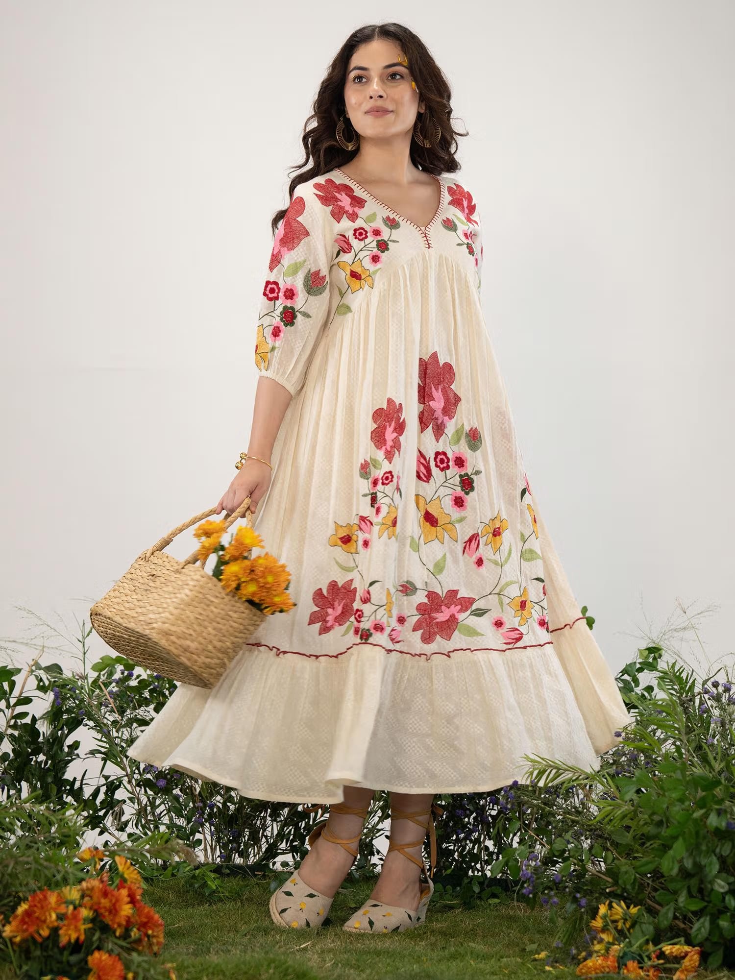 ZUMMER Off White Embroidered Flared Midi Dress Nykaa Fashion sale