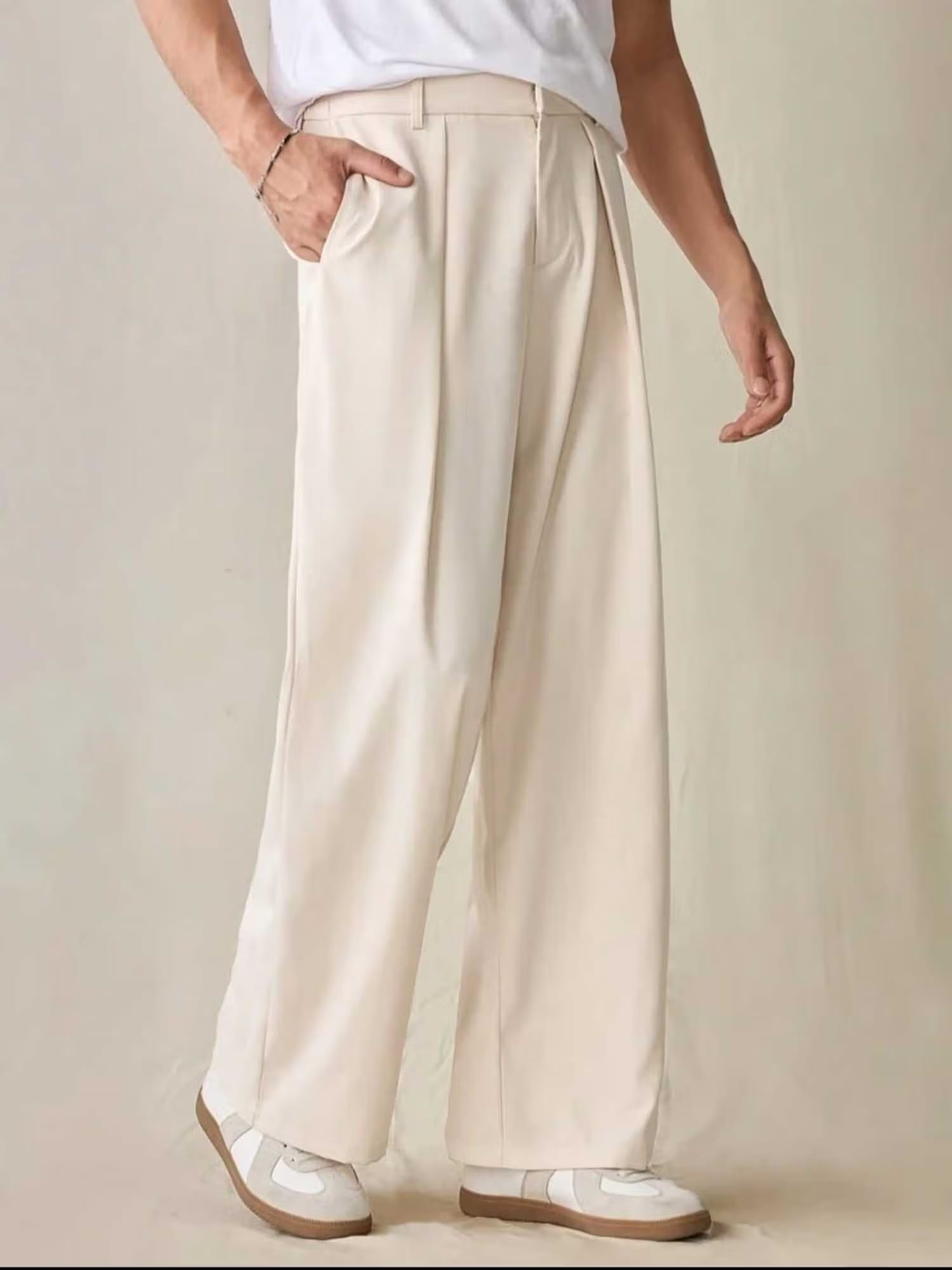 Broadstar Men's Beige Loose Fit Pleated Korean Casual Trousers Nykaa Fashion sale