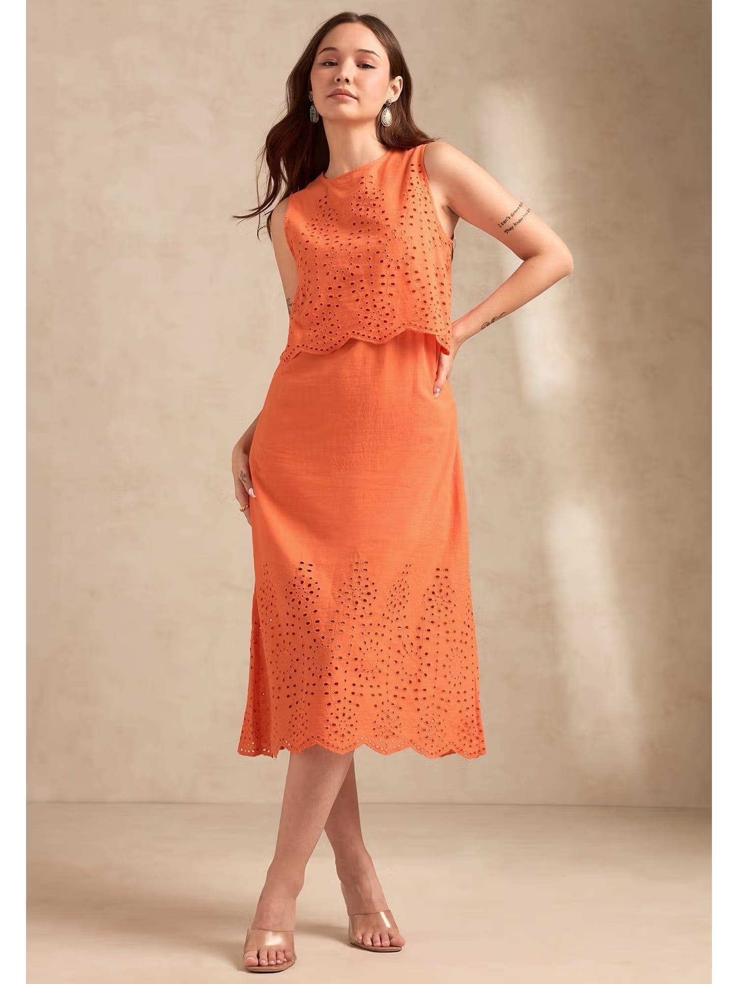 Outzidr Orange Sleeveless Schiffli Midi Dress Nykaa Fashion sale