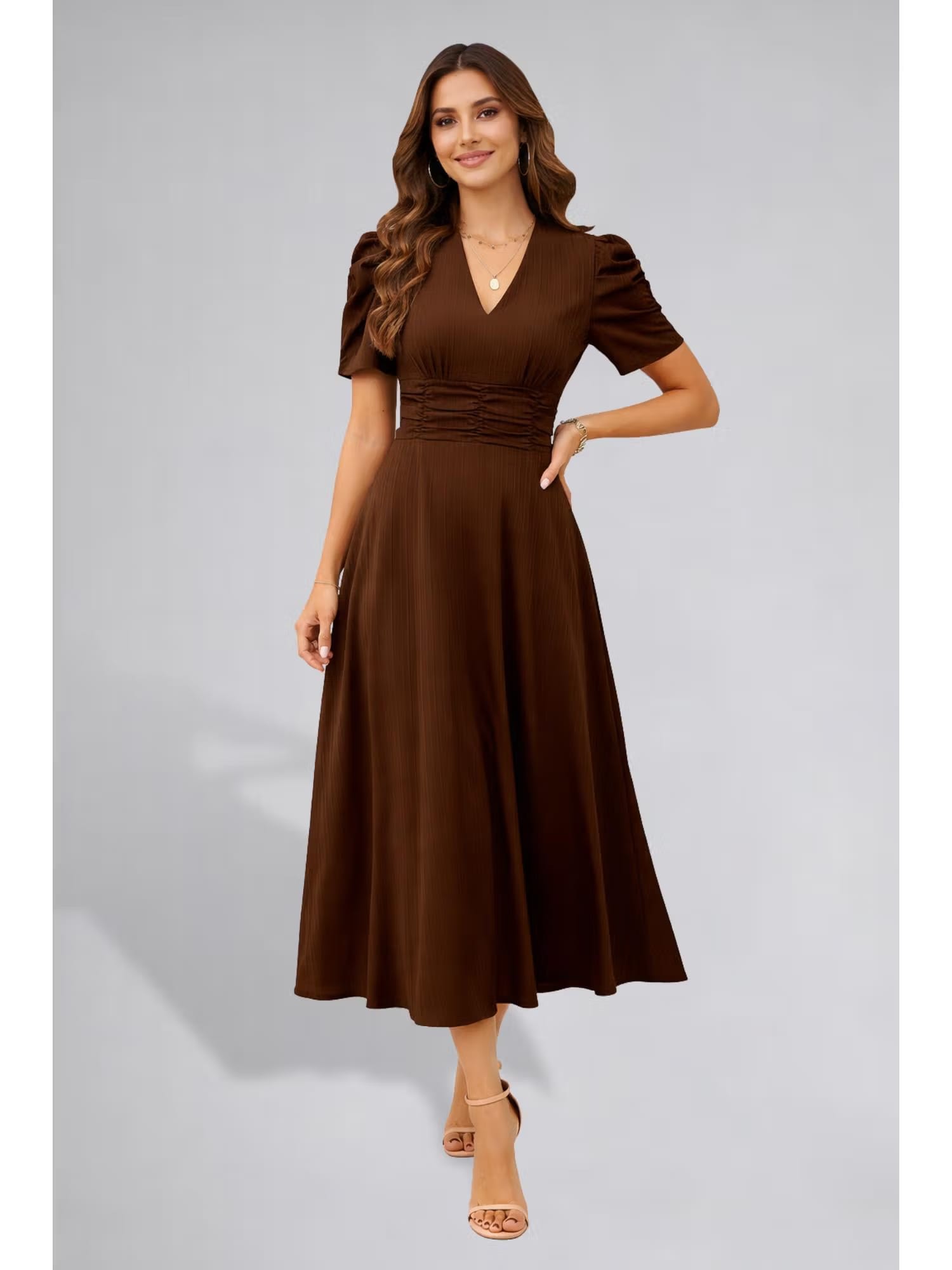 Twenty Dresses by Nykaa Fashion Women's Puff Sleeve Brown Solid V-Neck A-Line Midi Dress Nykaa Fashion sale