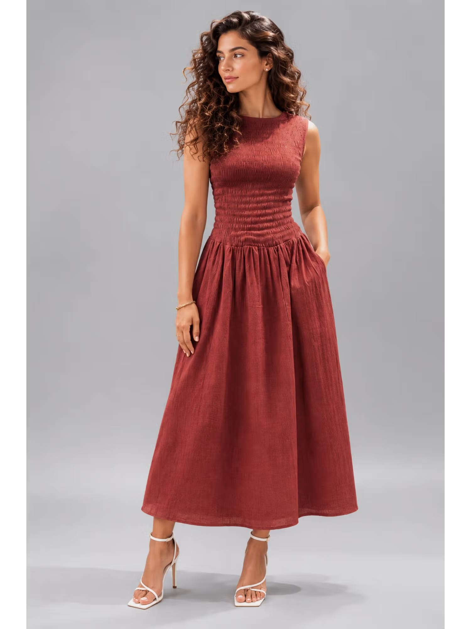 Twenty Dresses by Nykaa Fashion Women Maroon Smocked Sleeveless Midi Dress Nykaa Fashion sale